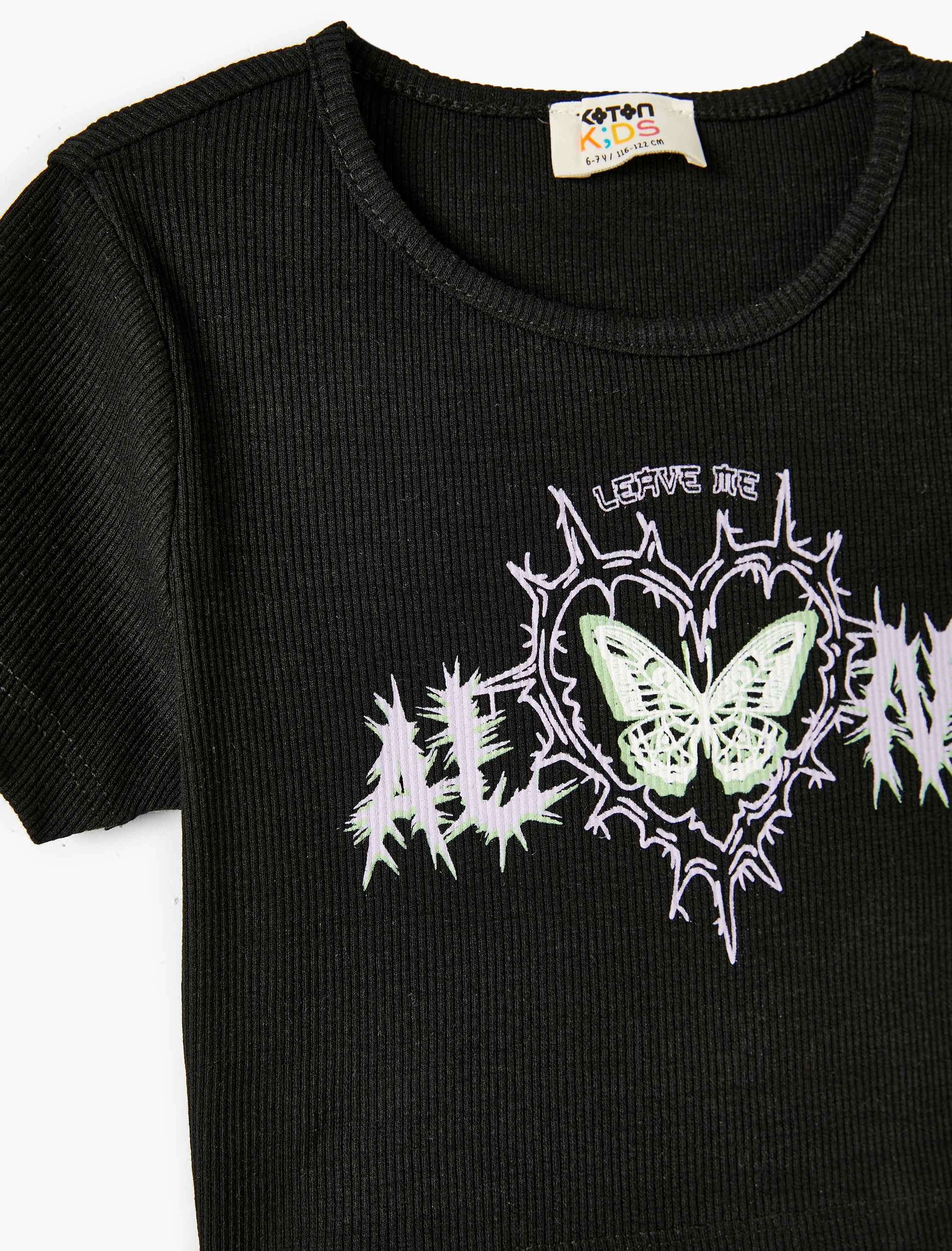  Kız Çocuk Crop Tişört Baskılı Ribanalı Kısa Kollu Bisiklet Yaka