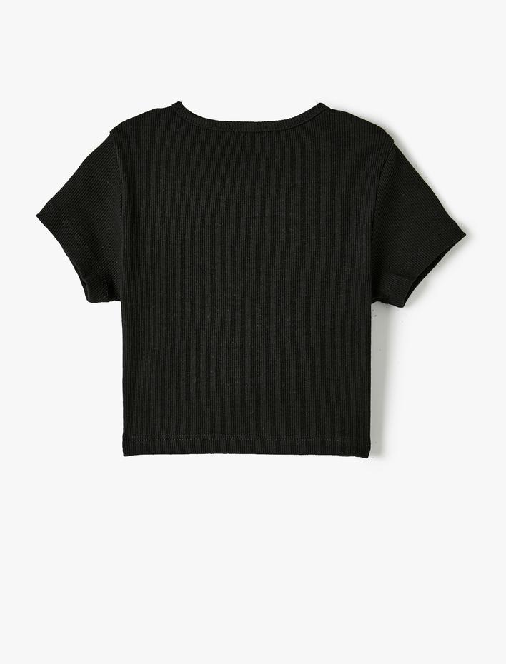 Kız Çocuk Crop Tişört Baskılı Ribanalı Kısa Kollu Bisiklet Yaka