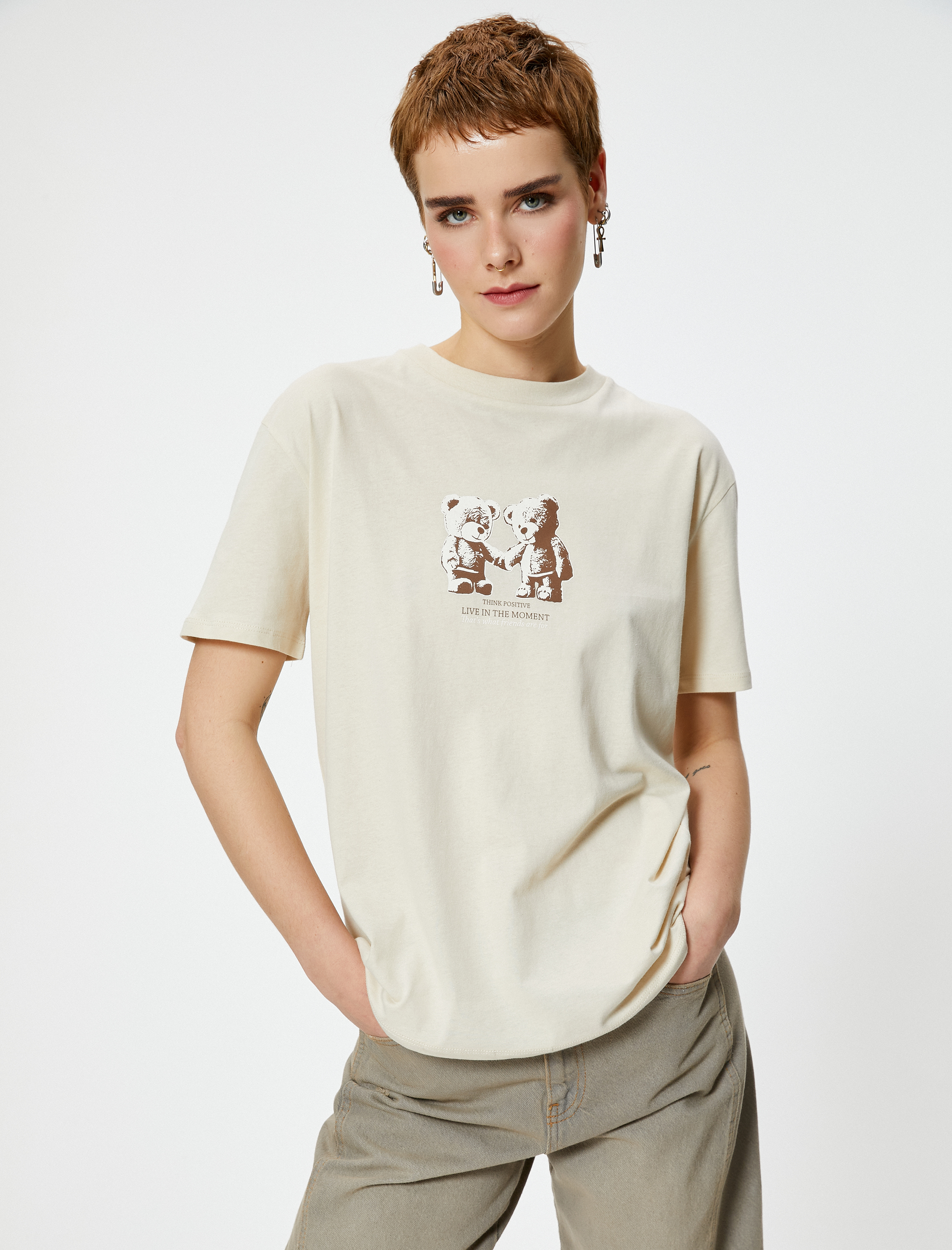 Ayıcıklı Tişört Kısa Kollu Bisiklet Yaka Pamuklu