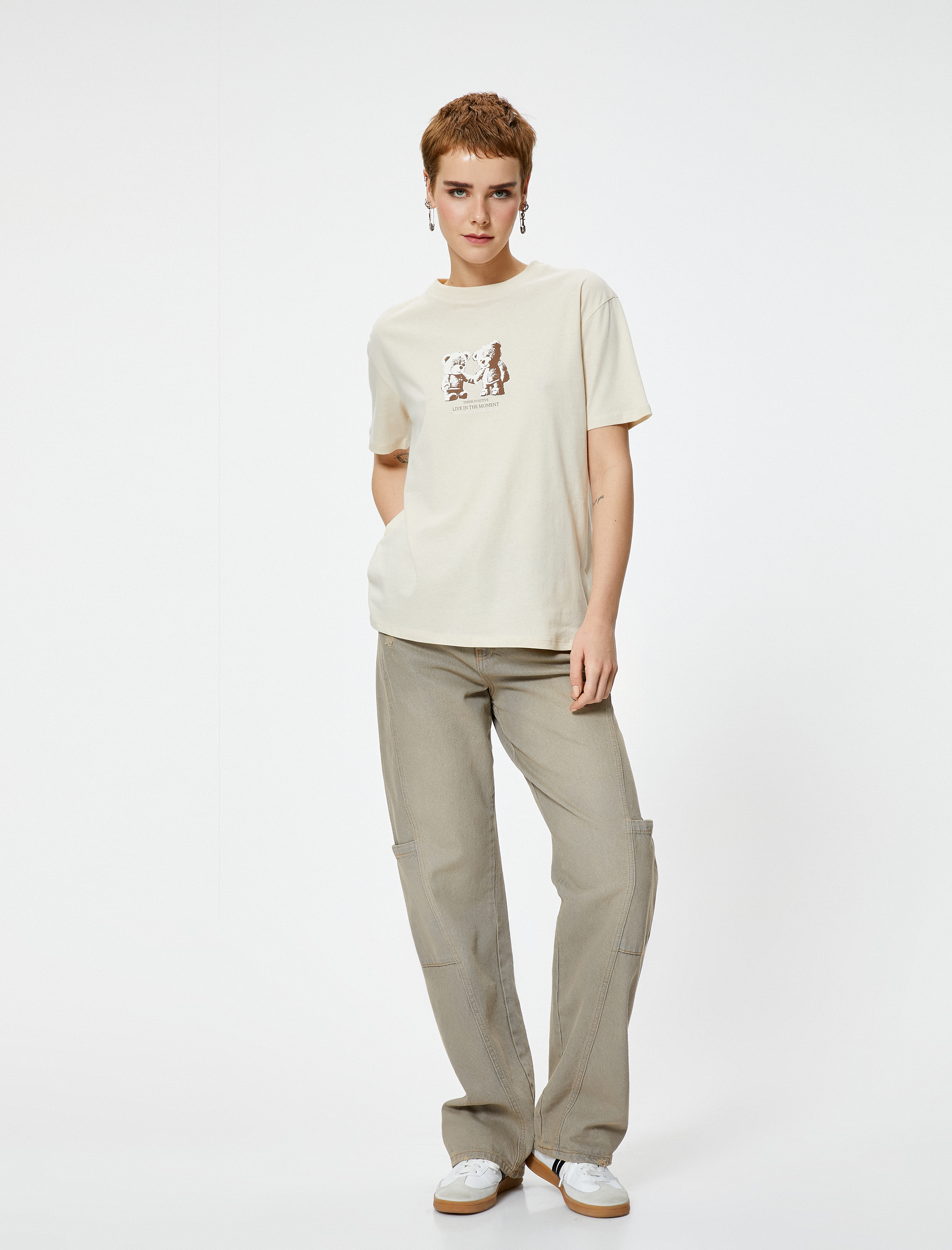 Ayıcıklı Tişört Kısa Kollu Bisiklet Yaka Pamuklu