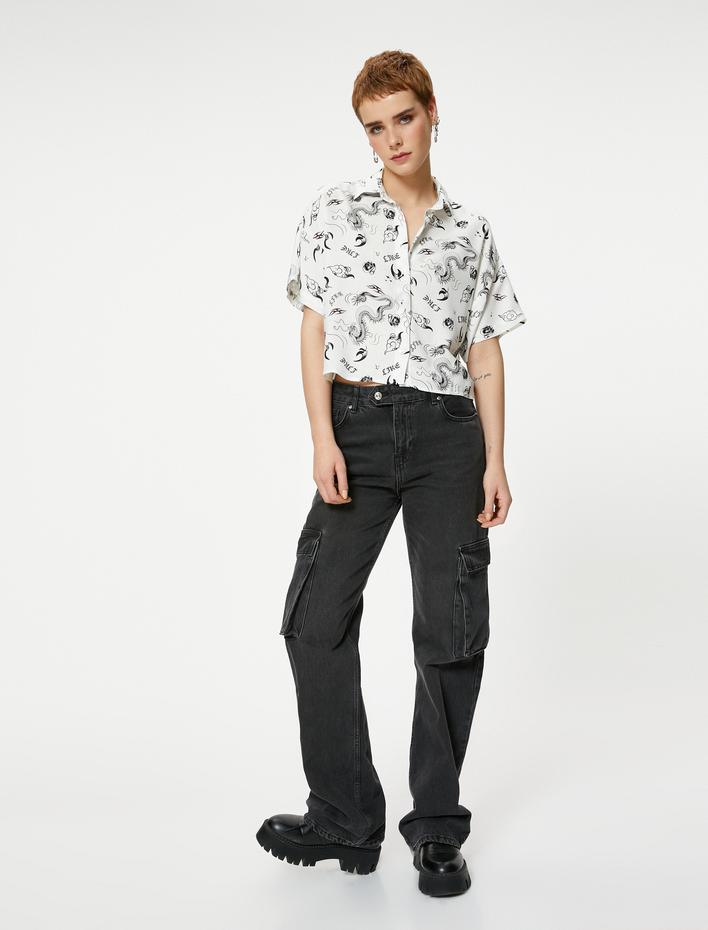  Rahat Kalıp Crop Gömlek Ejderha Baskılı Viskoz Kumaş Kısa Kollu