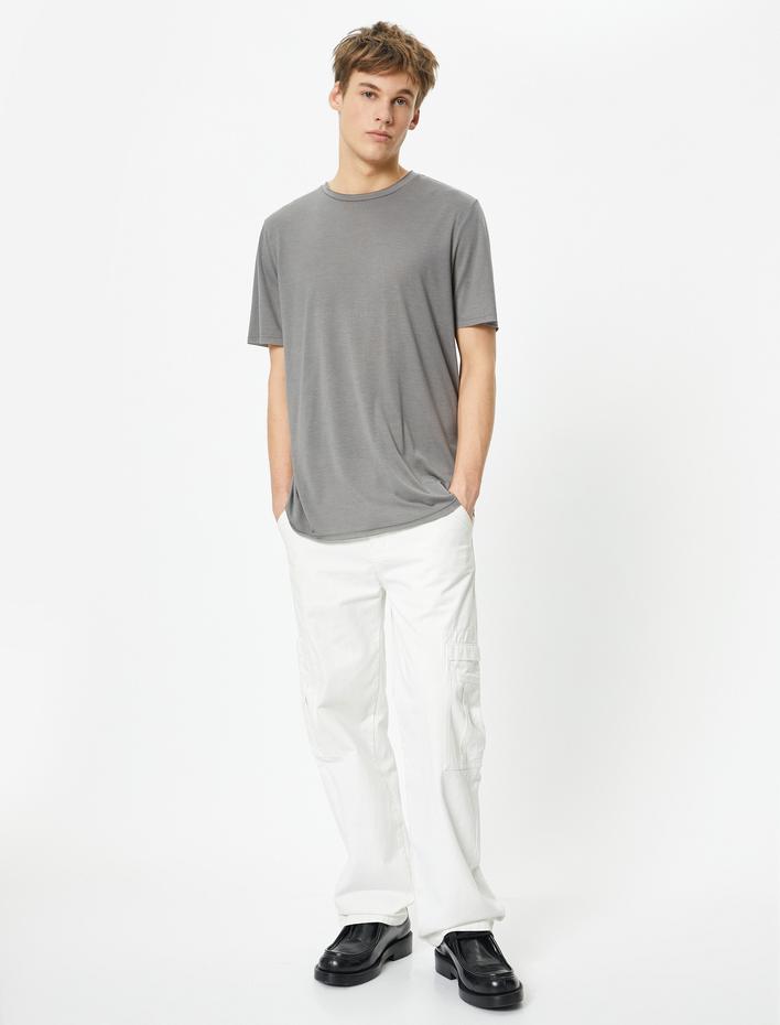  Basic Tişört Bisiklet Yaka Kısa Kollu Viskon Karışımlı