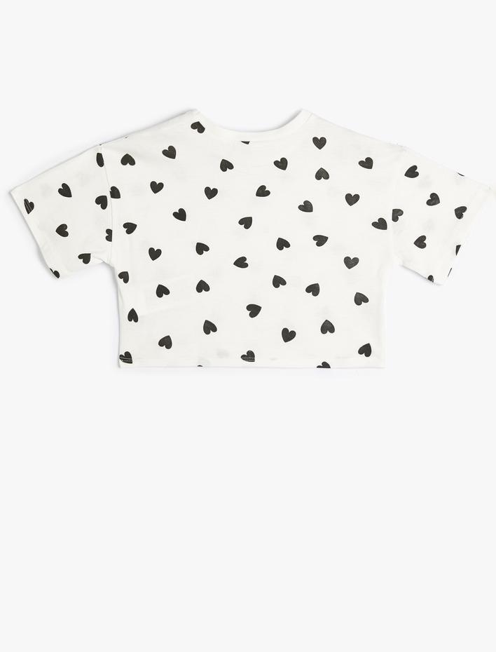 Kız Çocuk Crop Tişört Kalp Baskılı Kısa Kollu Bisiklet Yaka Pamuklu