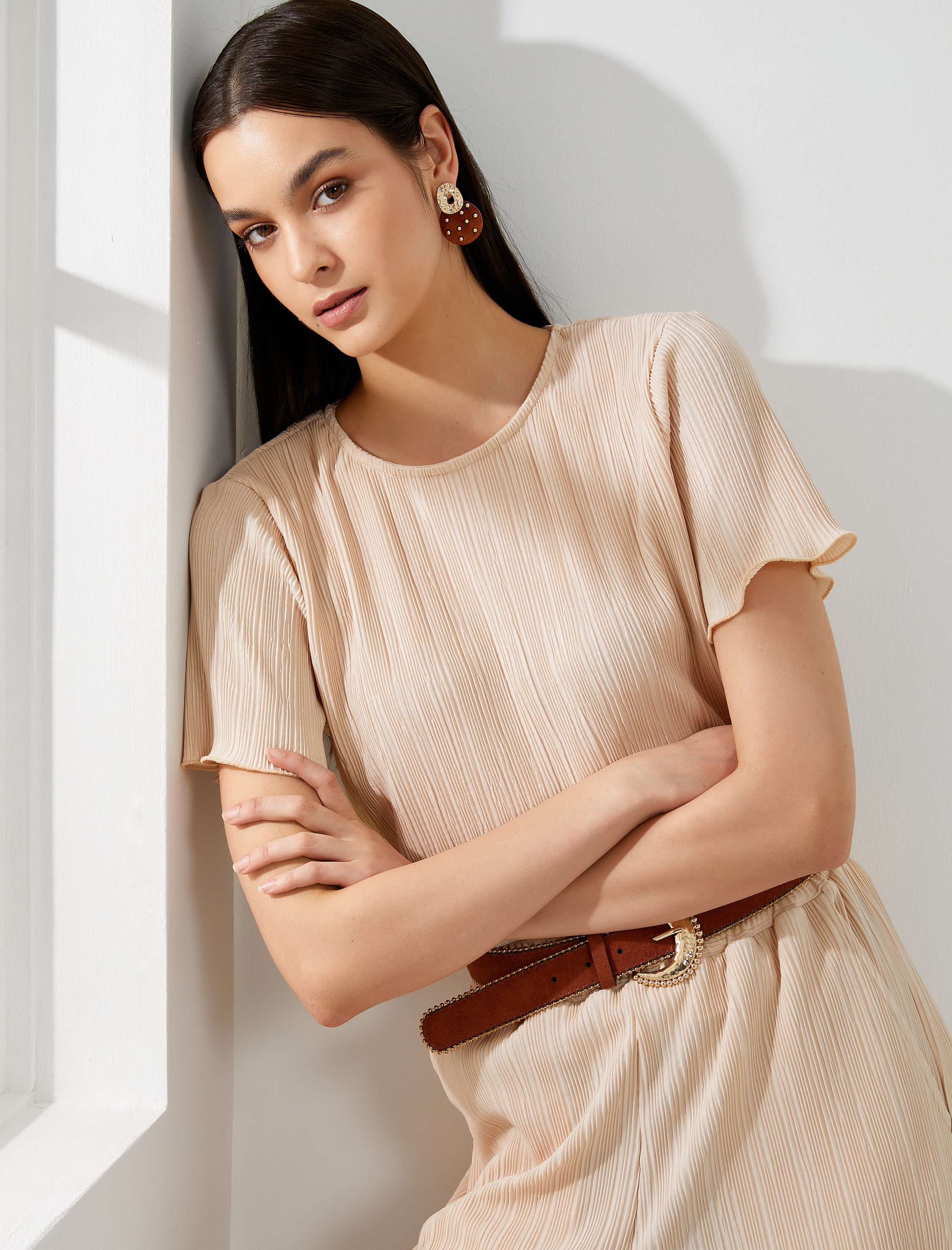   Kısa Kollu Bluz Bisiklet Yaka Dokulu