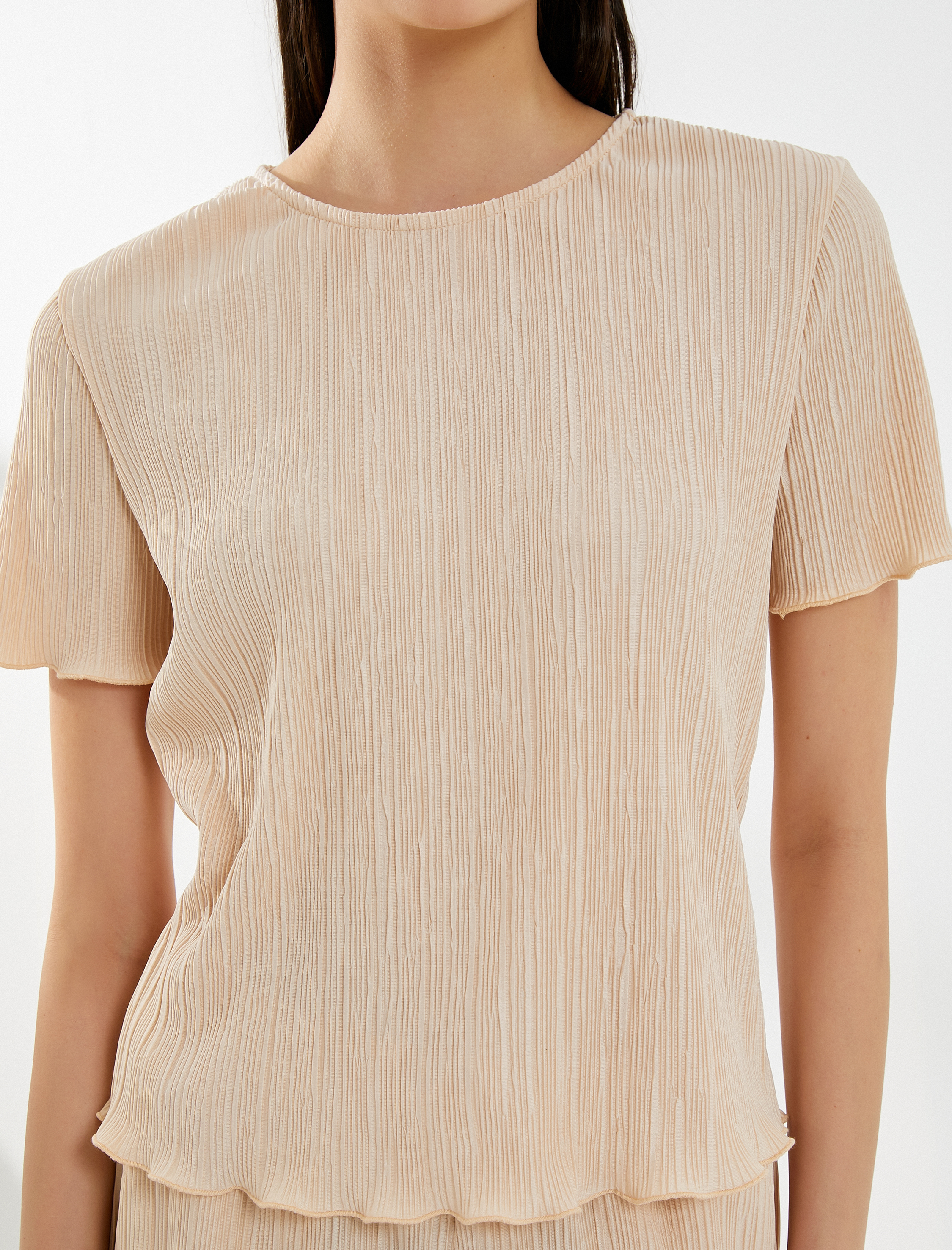   Kısa Kollu Bluz Bisiklet Yaka Dokulu