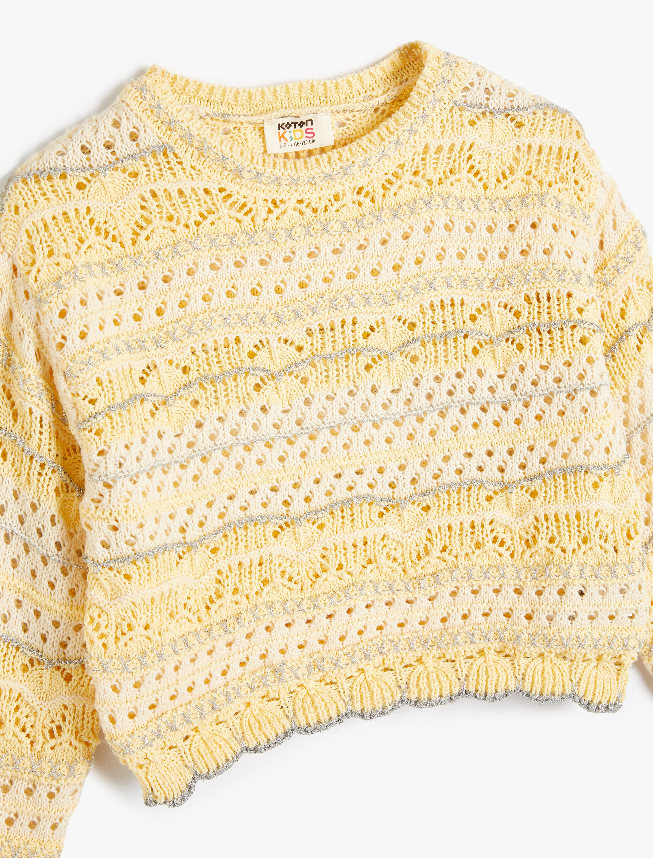 Kız Çocuk Crop Kazak Ajurlu Yuvarlak Yaka Uzun Kollu