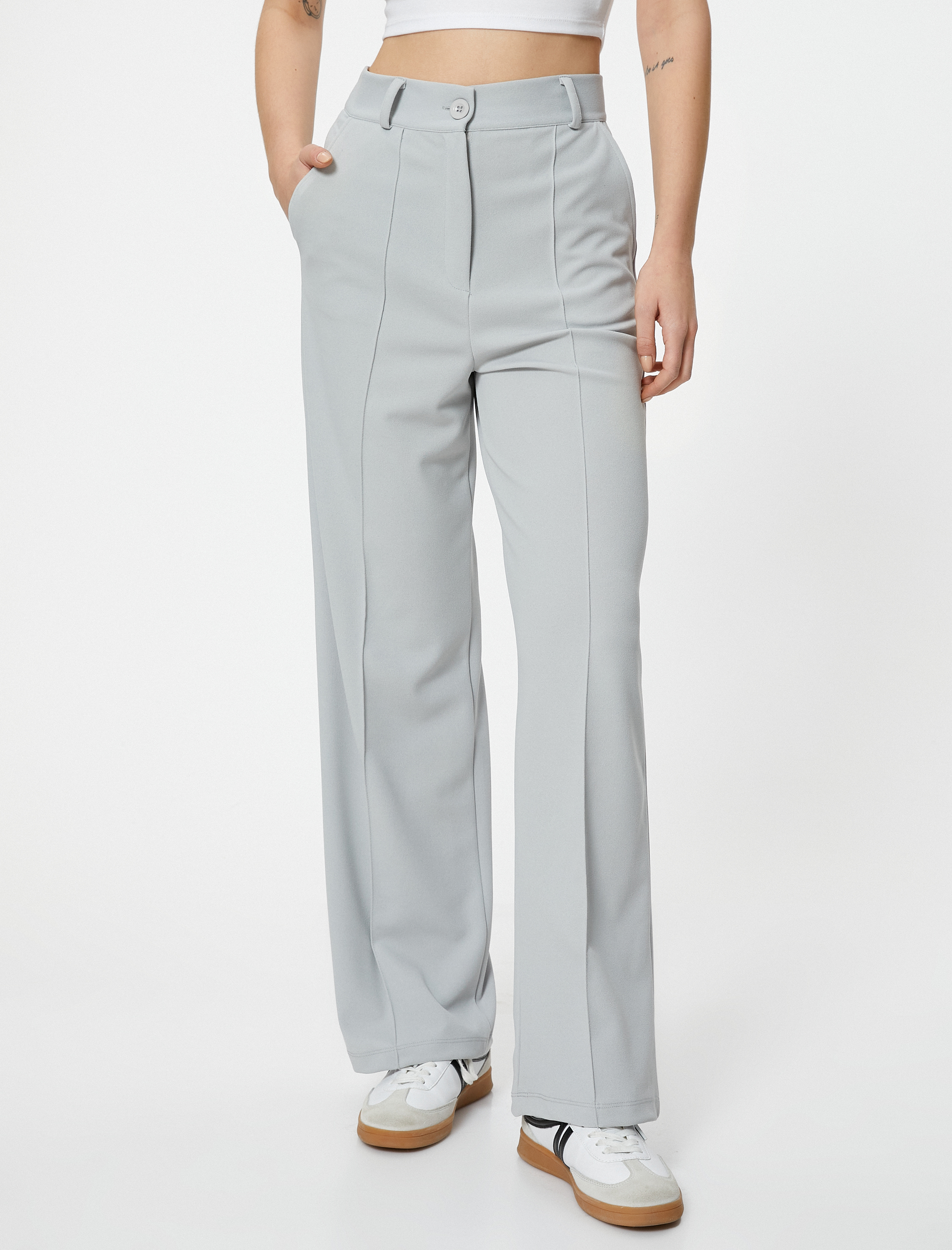   Kumaş Pantolon Yüksek Bel Geniş Paça Rahat Kalıp Nervürlü Cepli