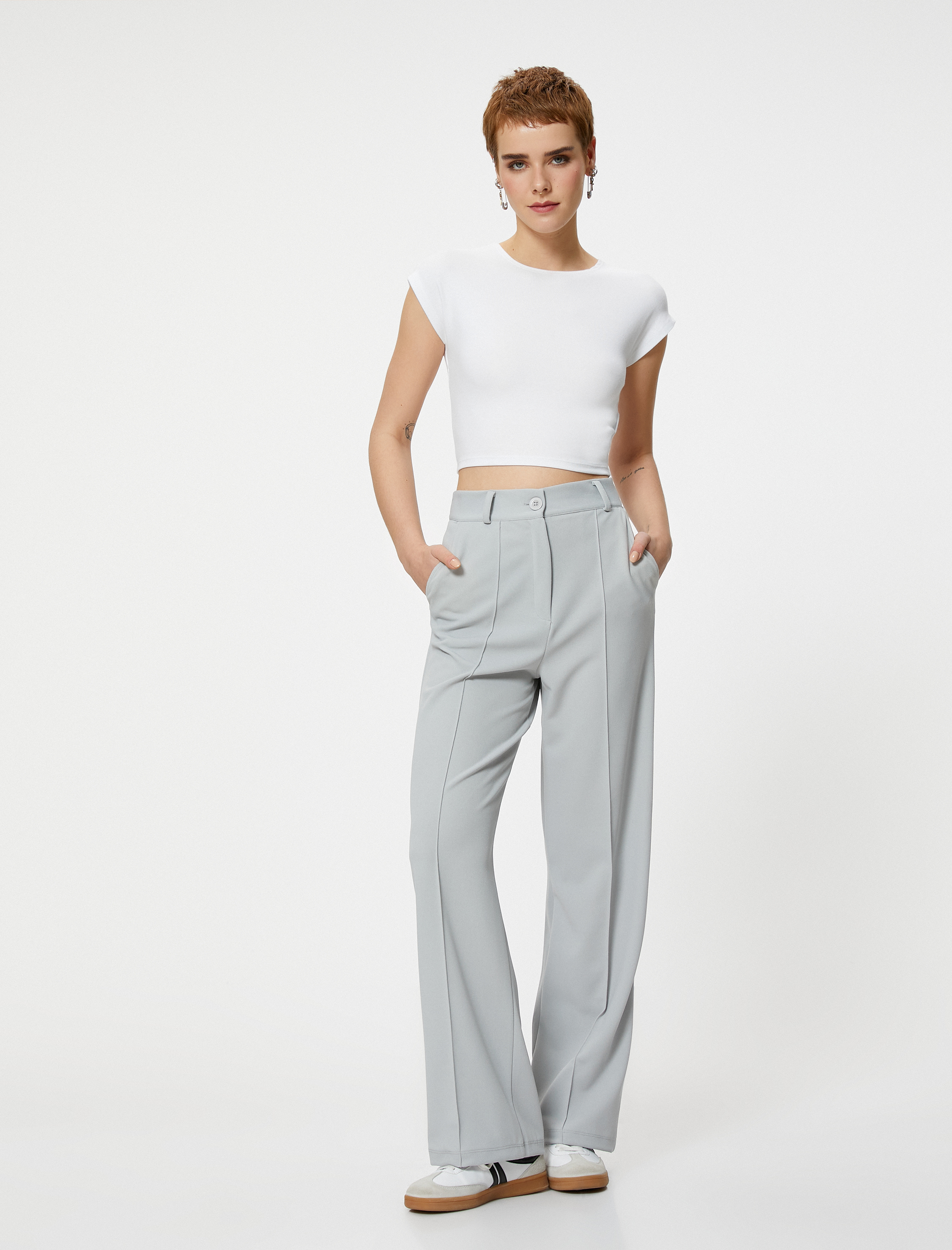   Kumaş Pantolon Yüksek Bel Geniş Paça Rahat Kalıp Nervürlü Cepli