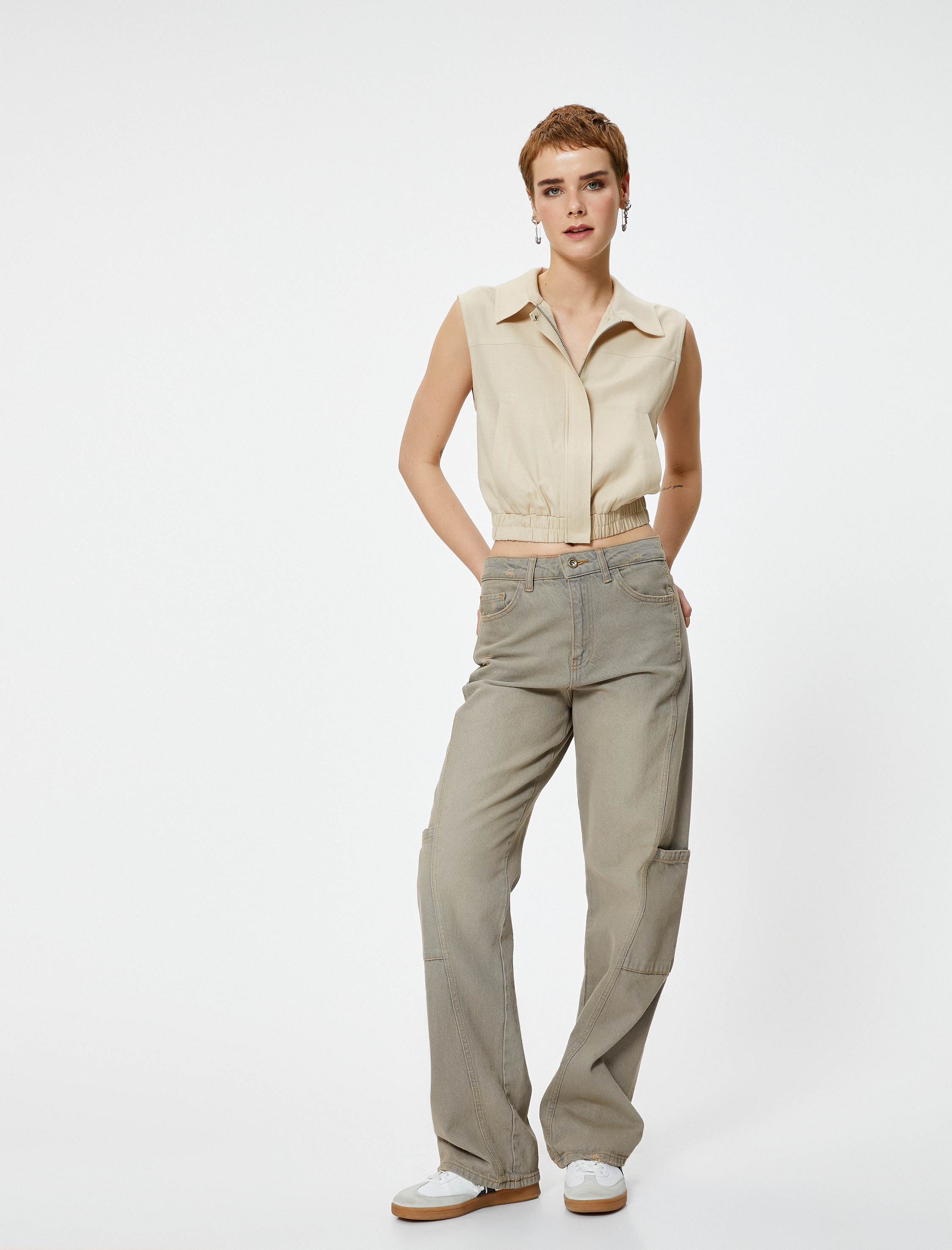   Keten Karışımlı Crop Gömlek Kolsuz Fermuarlı Beli Lastikli