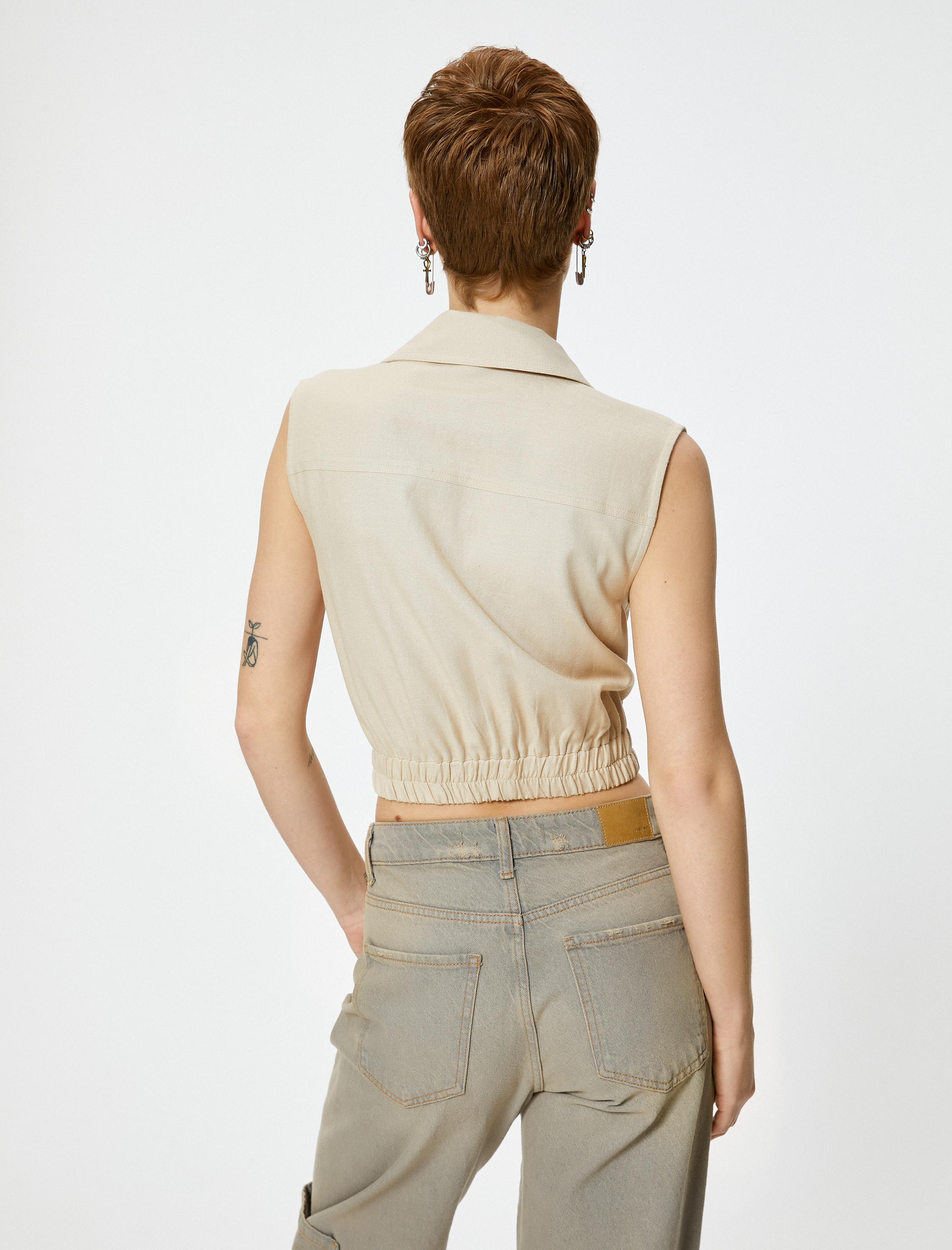   Keten Karışımlı Crop Gömlek Kolsuz Fermuarlı Beli Lastikli