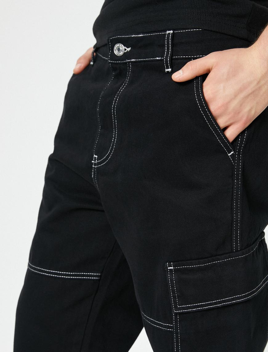   Oversize Kot Pantolon Kargo Cepli Dikiş Detaylı Düğmeli