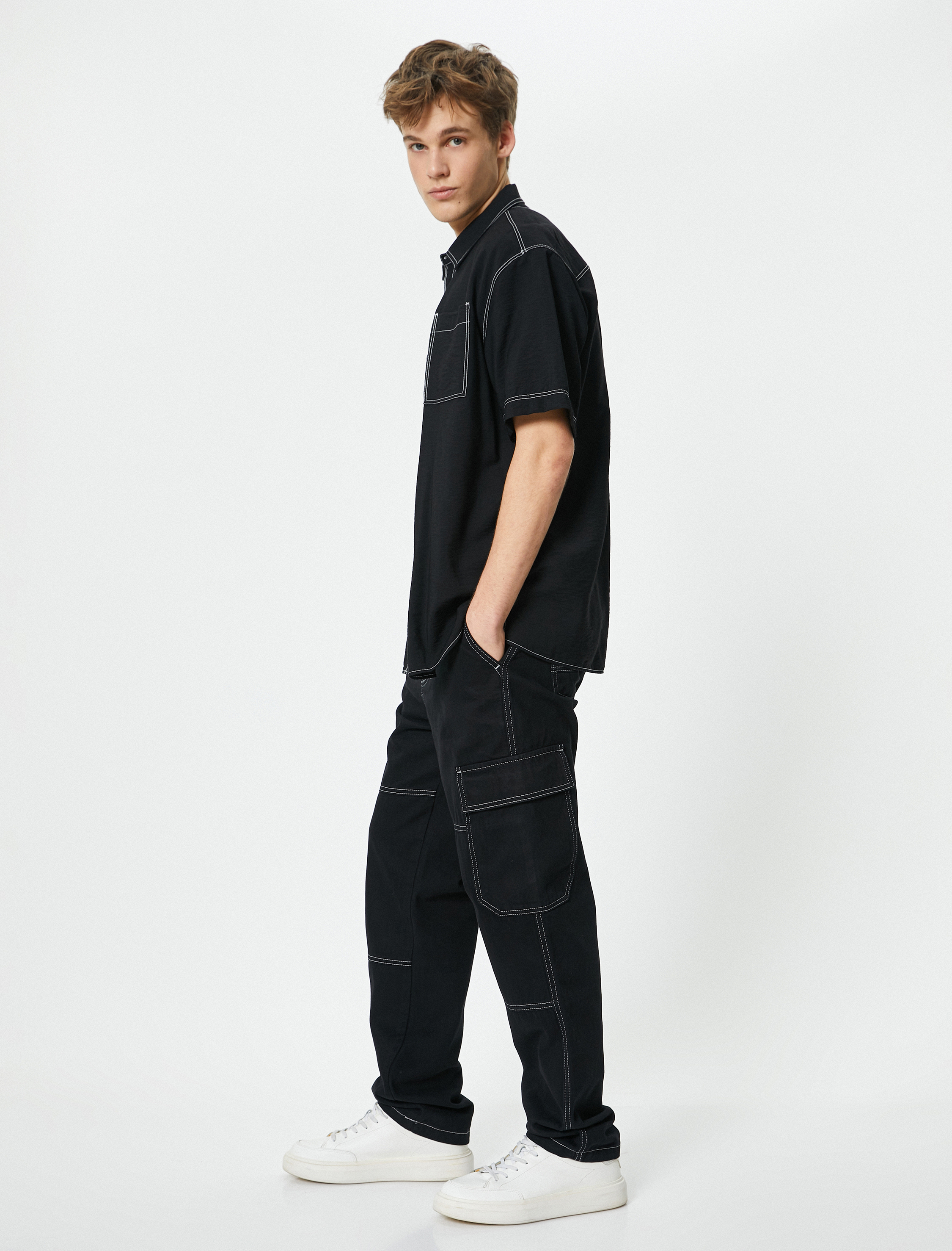   Oversize Kot Pantolon Kargo Cepli Dikiş Detaylı Düğmeli