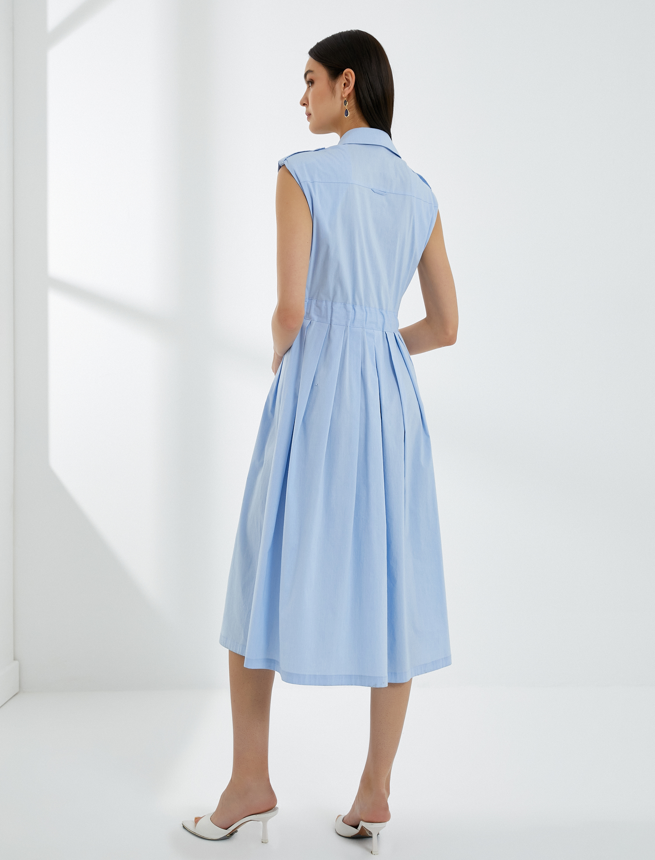   Gömlek Elbise Kemerli Pileli Düğmeli Kolsuz Midi Boy Pamuklu