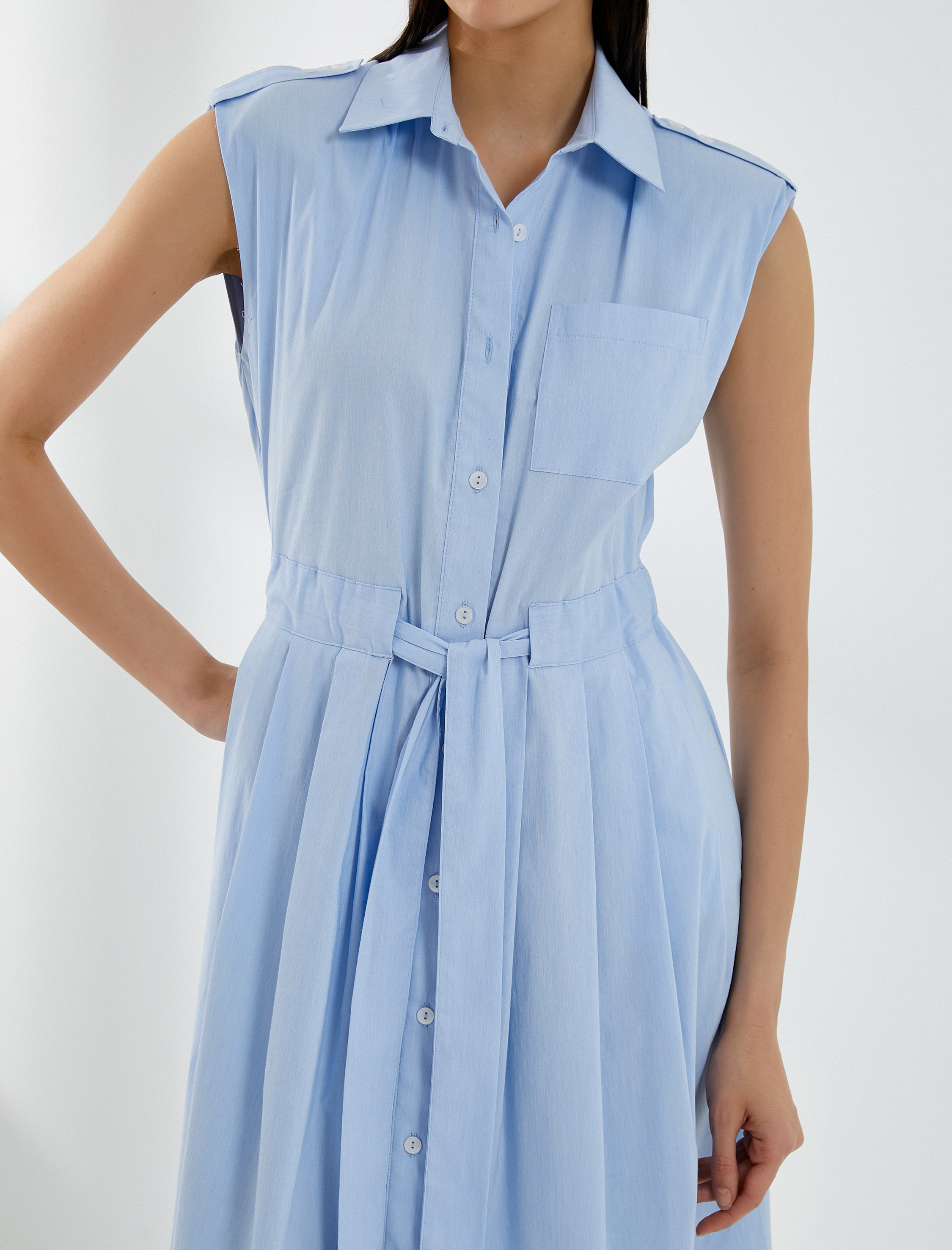   Gömlek Elbise Kemerli Pileli Düğmeli Kolsuz Midi Boy Pamuklu