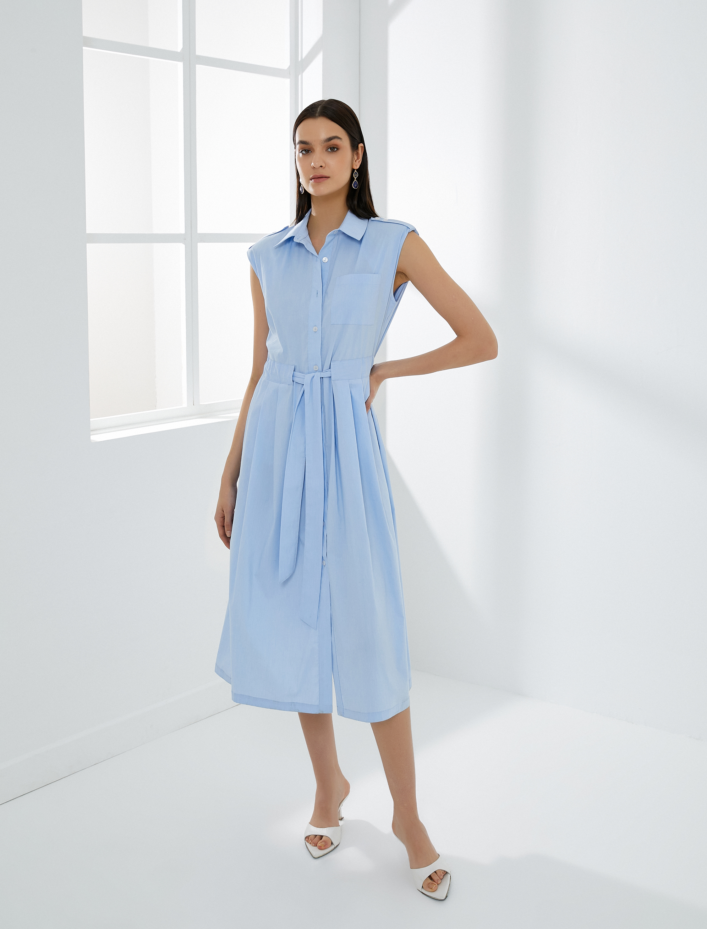   Gömlek Elbise Kemerli Pileli Düğmeli Kolsuz Midi Boy Pamuklu