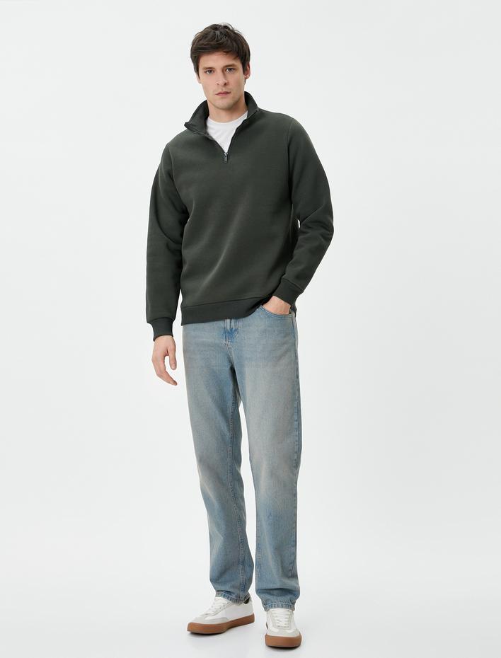  Yarım Fermuarlı Sweatshirt Basic Dik Yaka Ribanalı Uzun Kollu Şardonlu