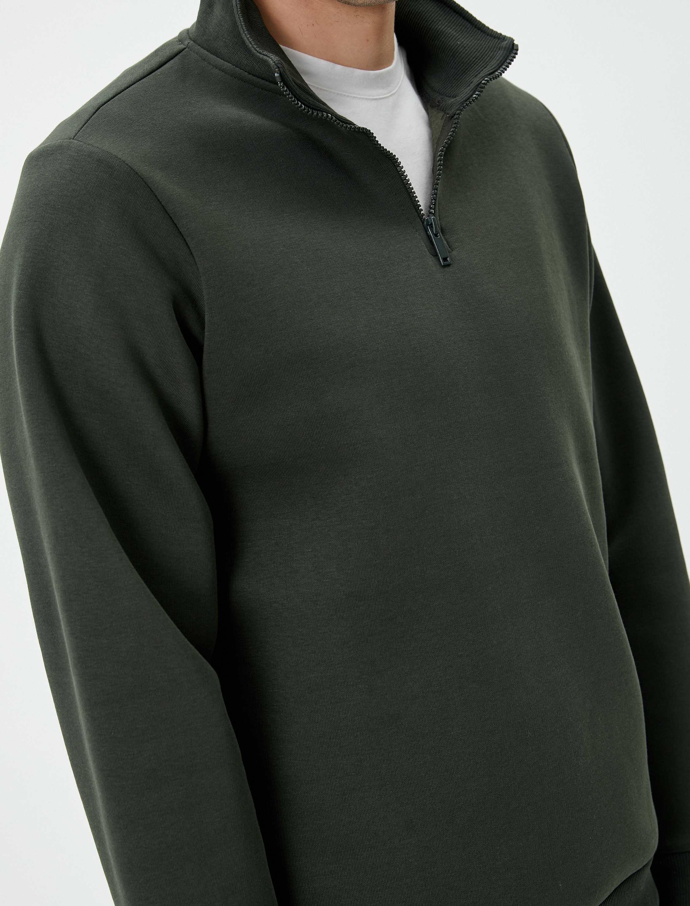   Yarım Fermuarlı Sweatshirt Basic Dik Yaka Ribanalı Uzun Kollu Şardonlu