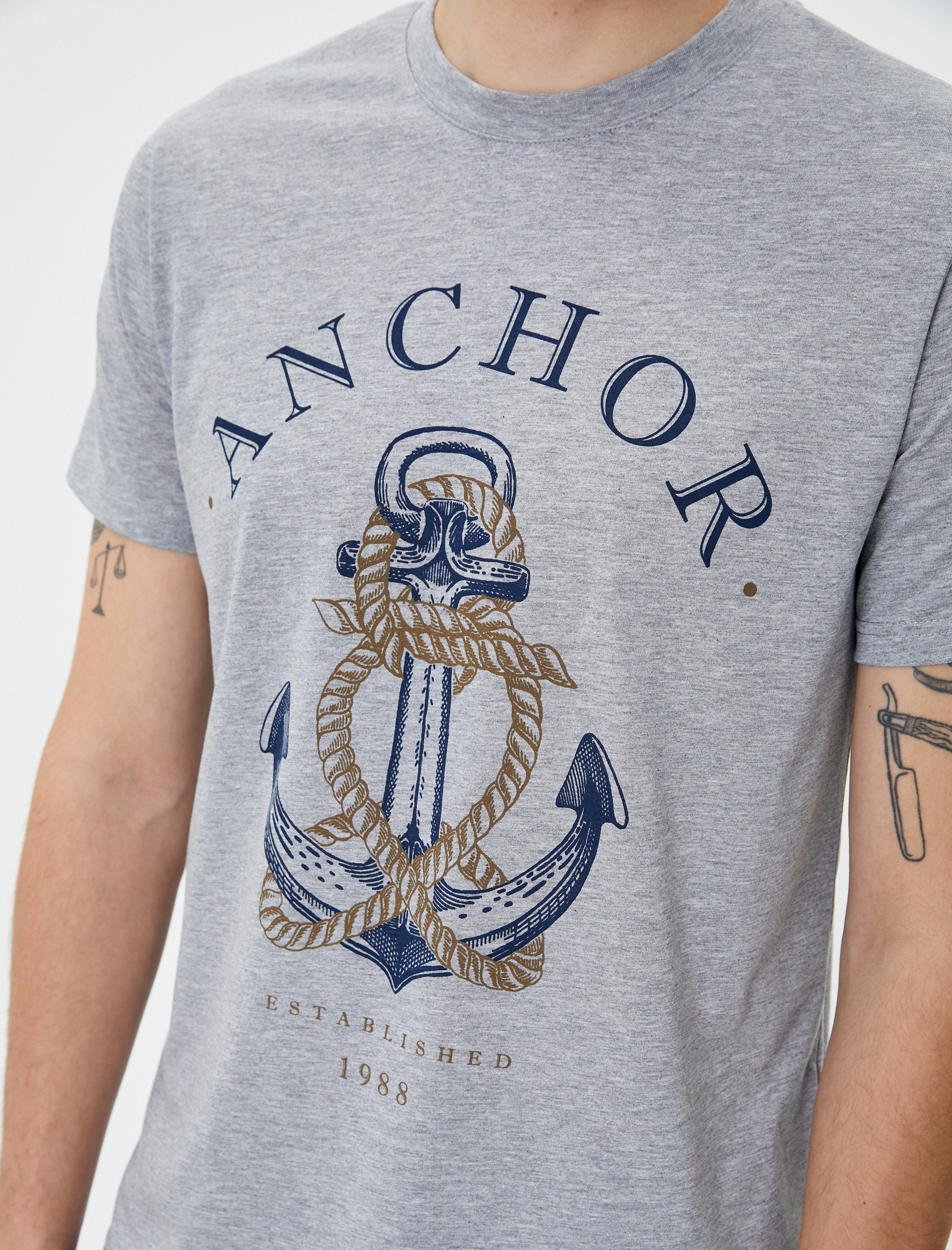   Baskılı Tişört Denizci Temalı Slim Fit Bisiklet Yaka