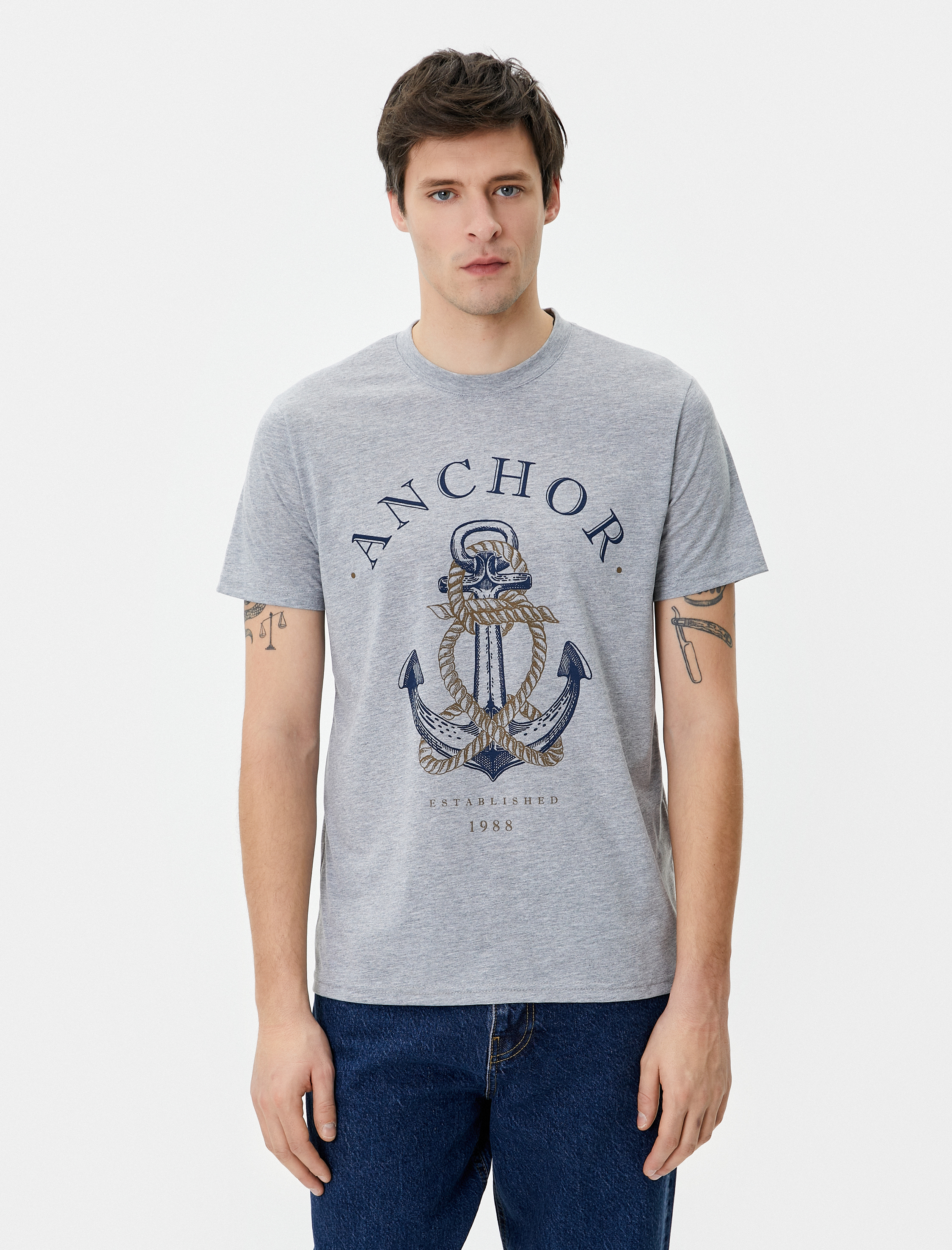   Baskılı Tişört Denizci Temalı Slim Fit Bisiklet Yaka