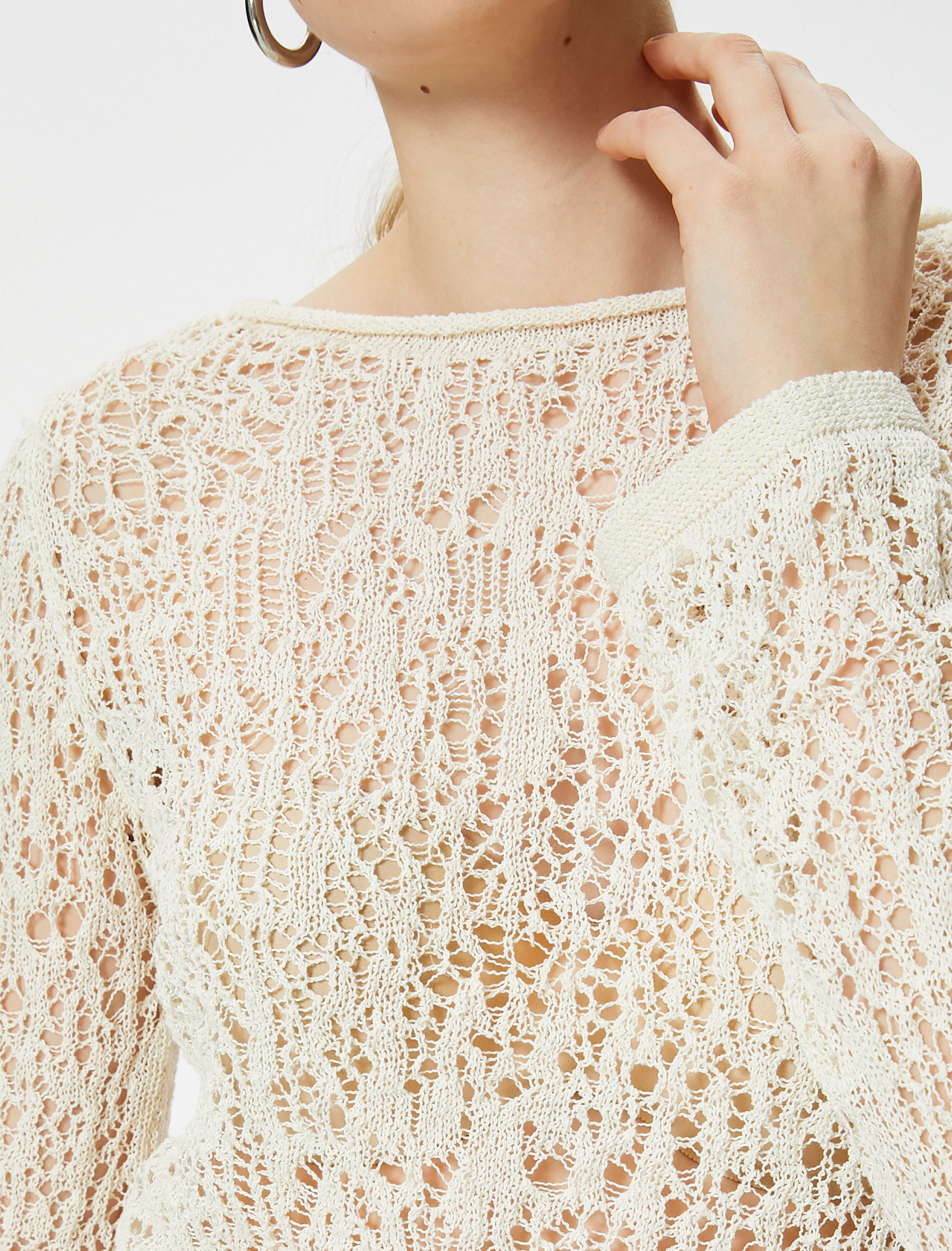 Ajurlu Kroşe Üst Uzun Kollu Kayık Yaka