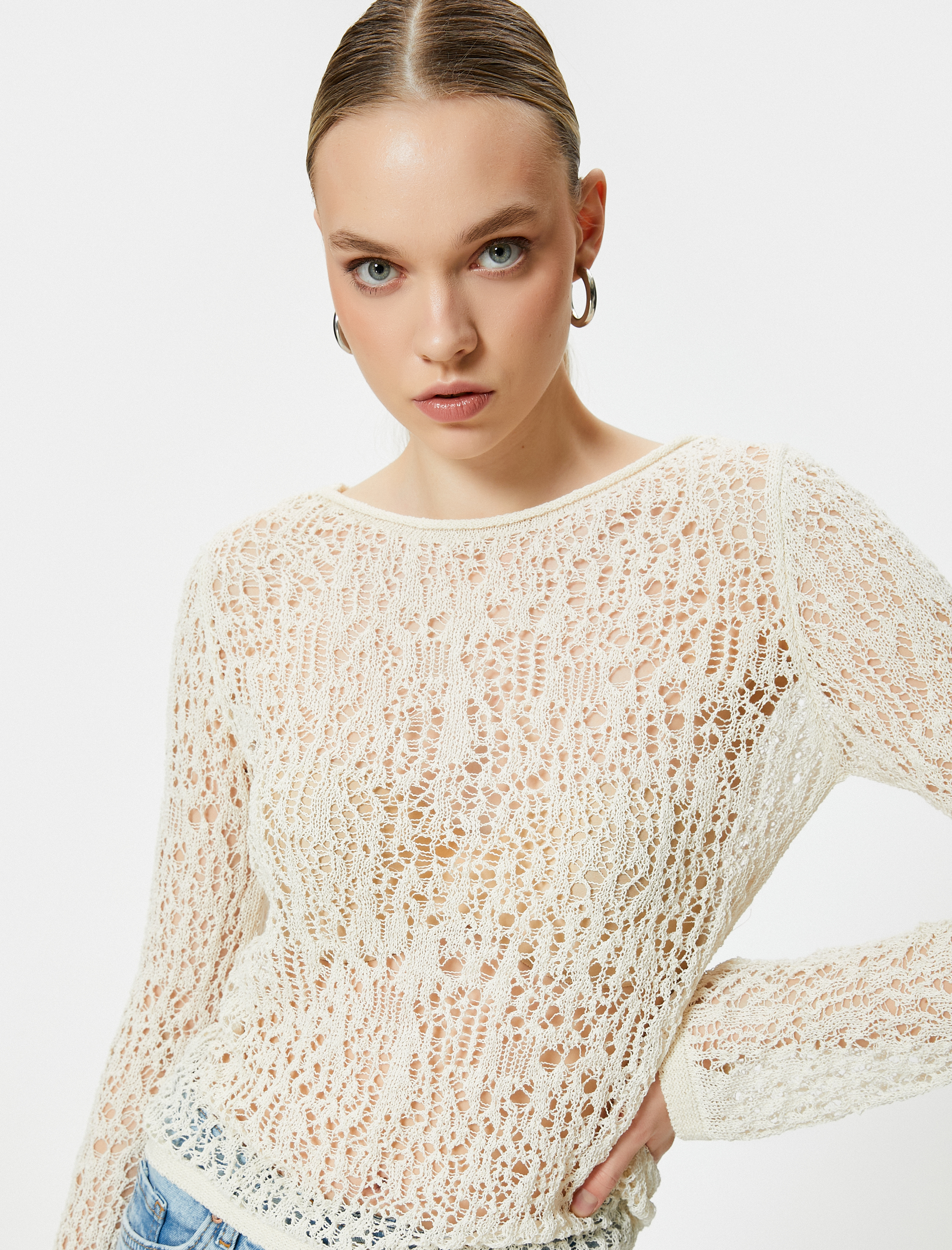 Ajurlu Kroşe Üst Uzun Kollu Kayık Yaka