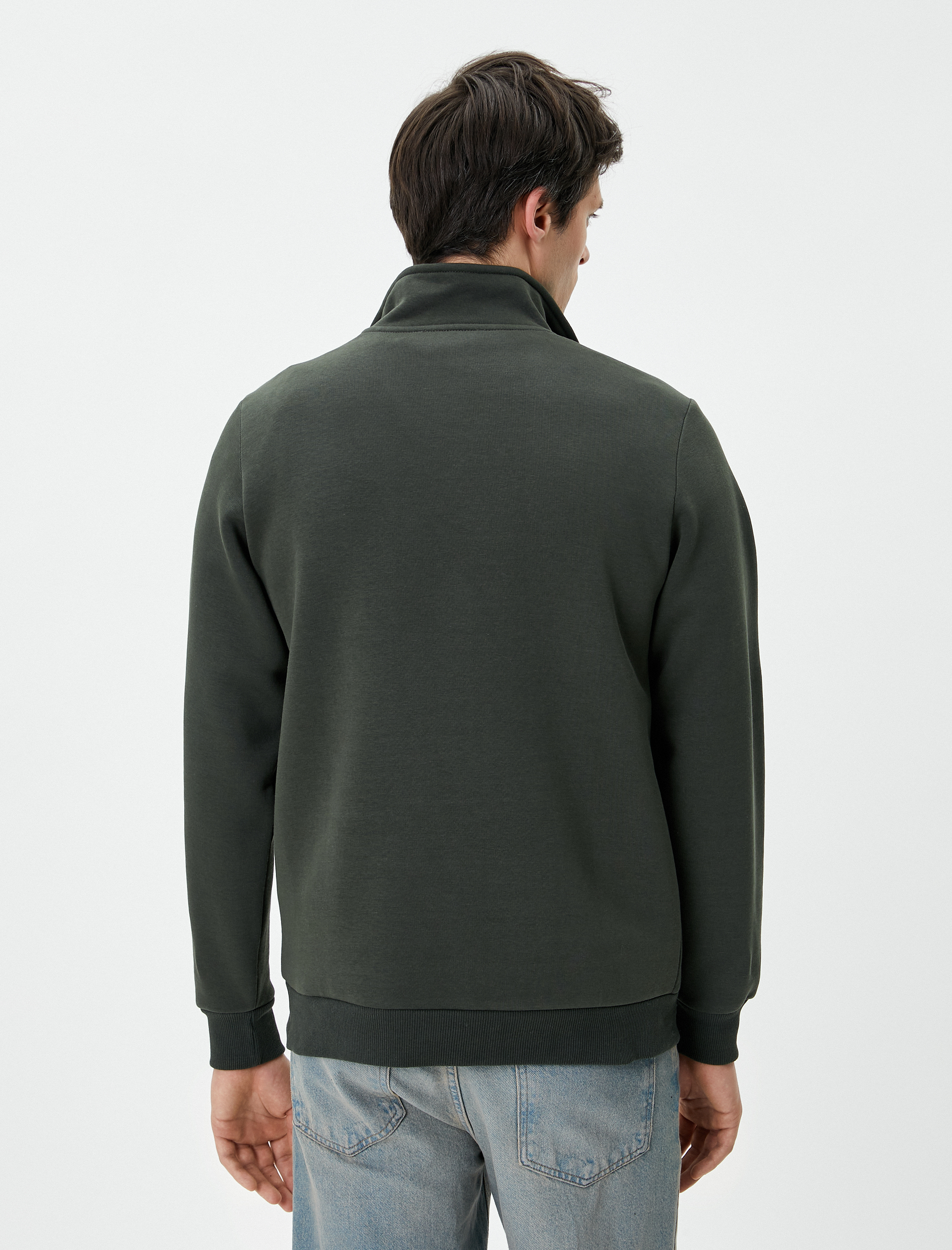   Yarım Fermuarlı Sweatshirt Basic Dik Yaka Ribanalı Uzun Kollu Şardonlu