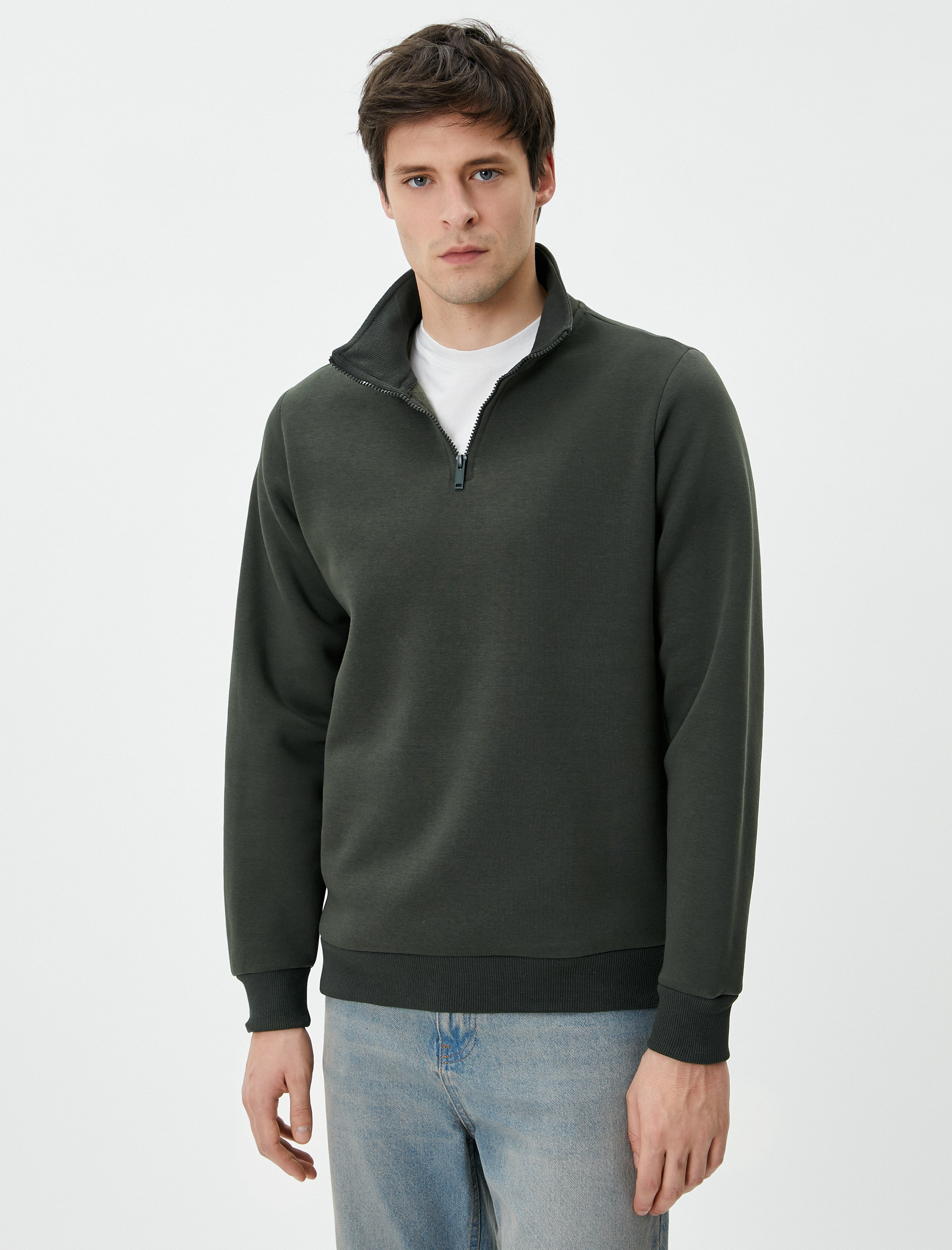   Yarım Fermuarlı Sweatshirt Basic Dik Yaka Ribanalı Uzun Kollu Şardonlu