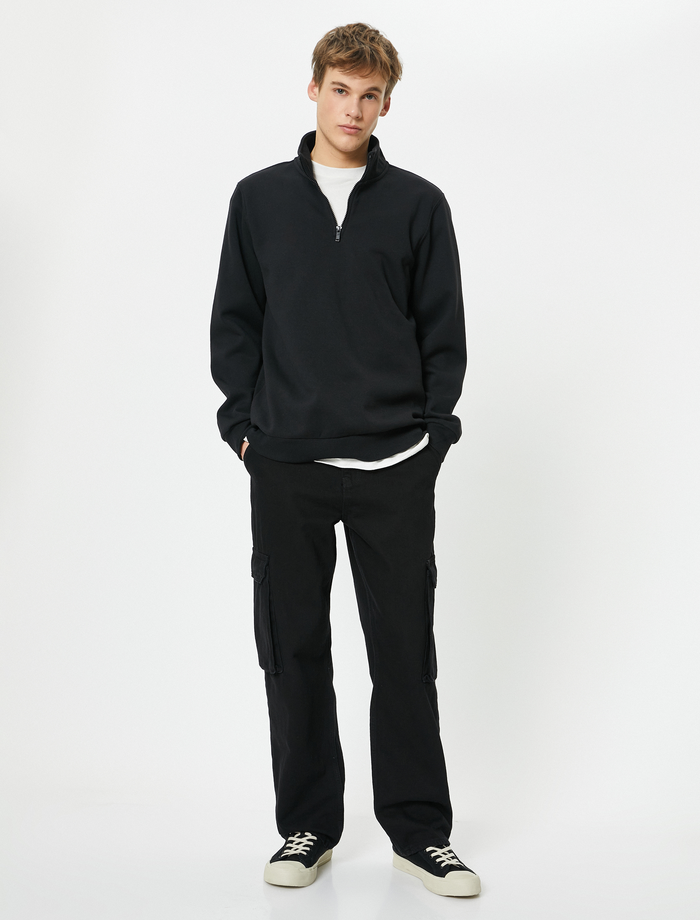   Yarım Fermuarlı Sweatshirt Dik Yaka Uzun Kollu Şardonlu