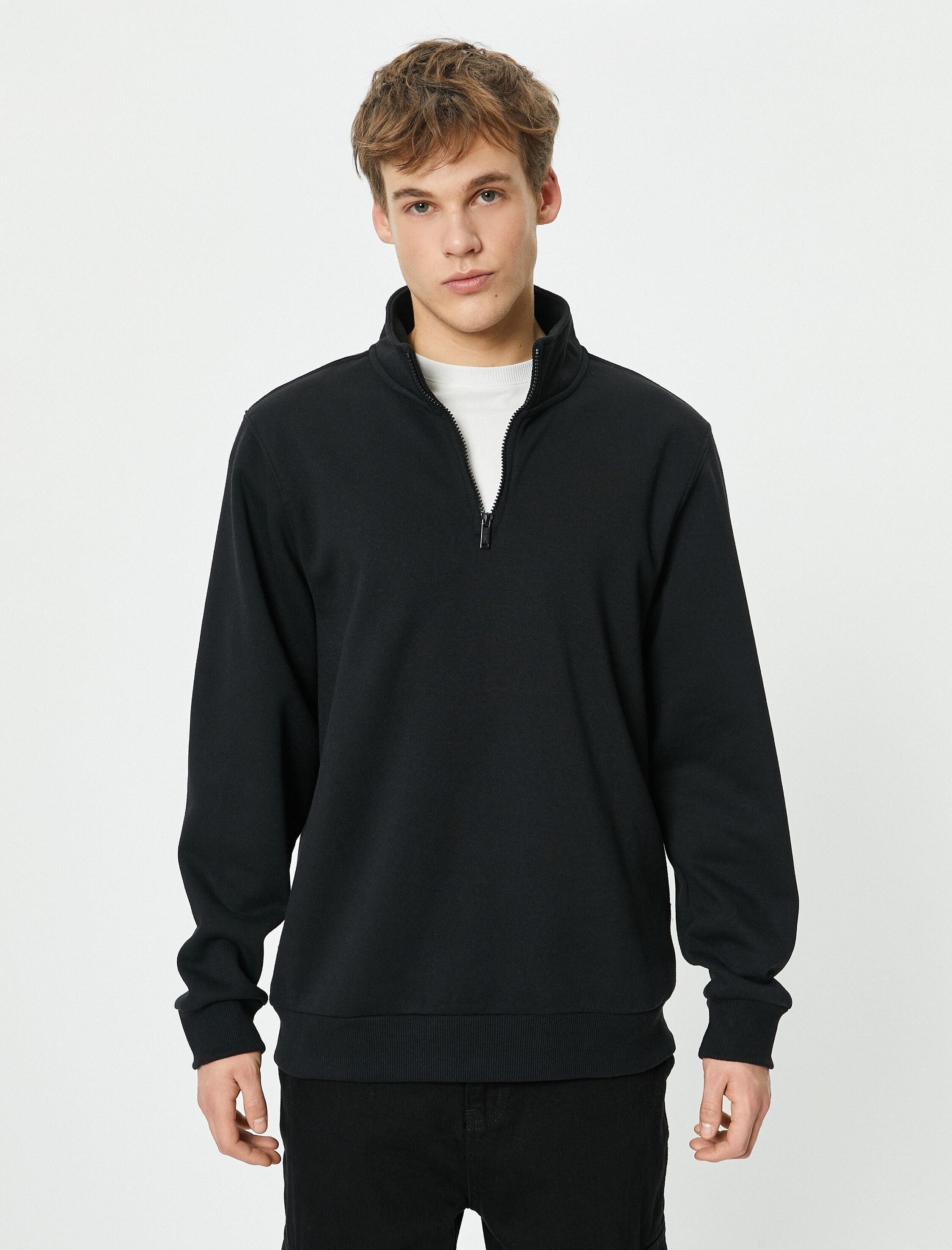   Yarım Fermuarlı Sweatshirt Dik Yaka Uzun Kollu Şardonlu