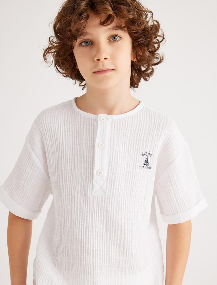 Erkek Çocuk Müslin Gömlek Bisiklet Yaka Düğme Detaylı Dokulu Pamuklu