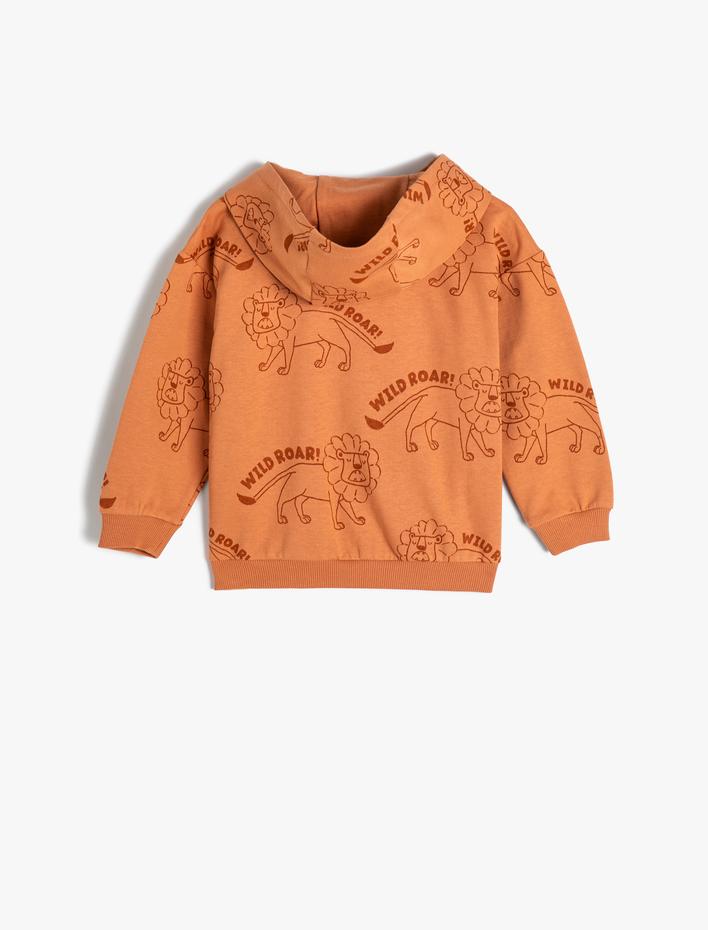 Erkek Bebek Kapşonlu Sweatshirt Fermuarlı Baskılı Uzun Kollu Pamuklu