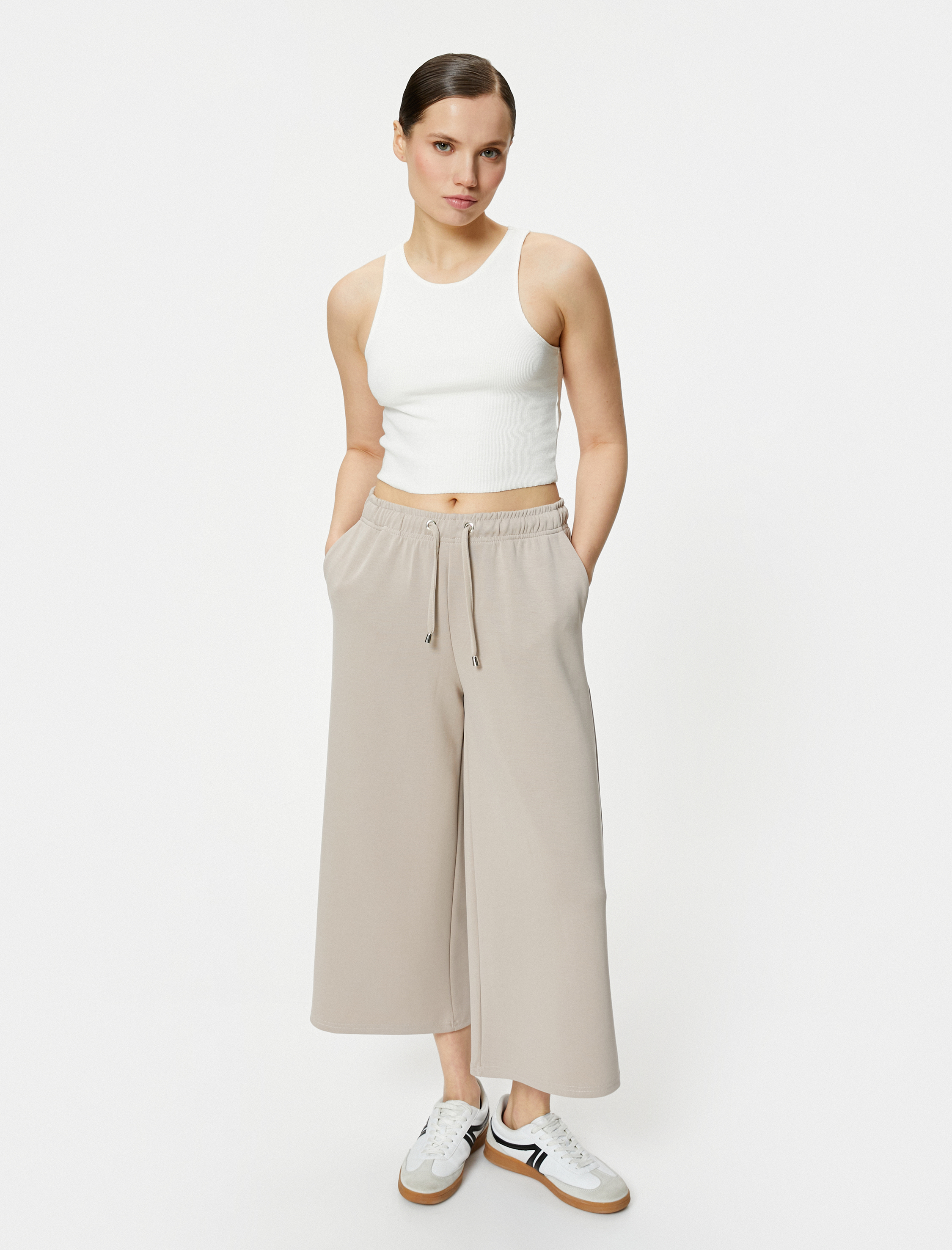   Culotte Pantolon Beli Bağcıklı Crop Bol Paça Cepli Modal Karışımlı