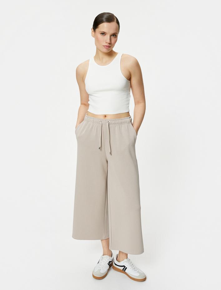  Culotte Pantolon Beli Bağcıklı Crop Bol Paça Cepli Modal Karışımlı