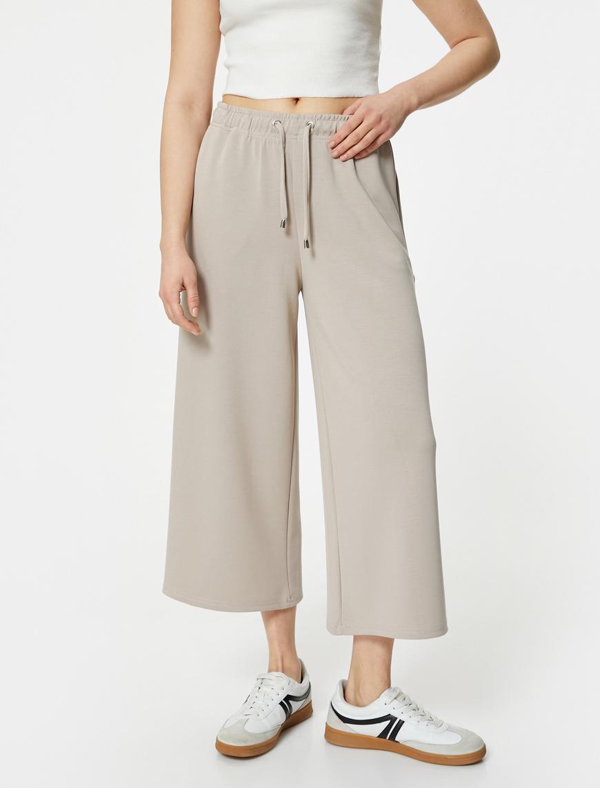   Culotte Pantolon Beli Bağcıklı Crop Bol Paça Cepli Modal Karışımlı