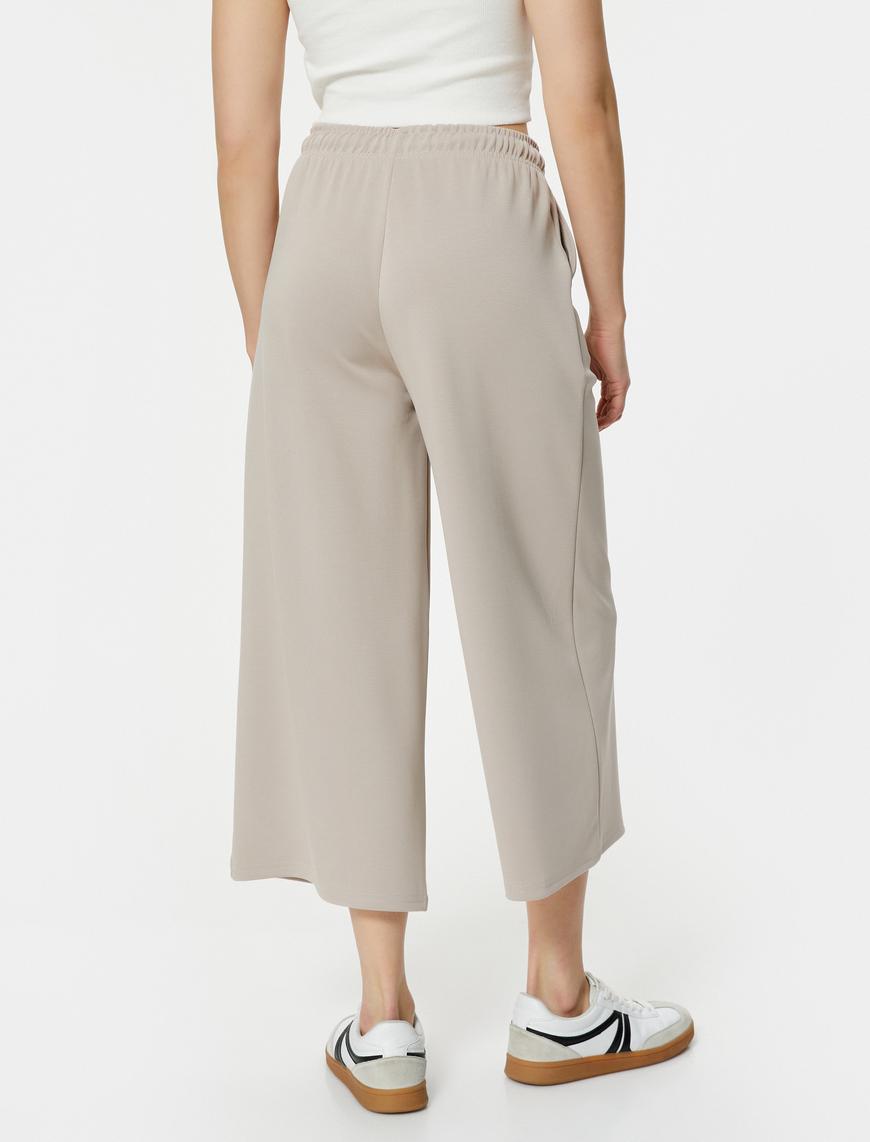  Culotte Pantolon Beli Bağcıklı Crop Bol Paça Cepli Modal Karışımlı