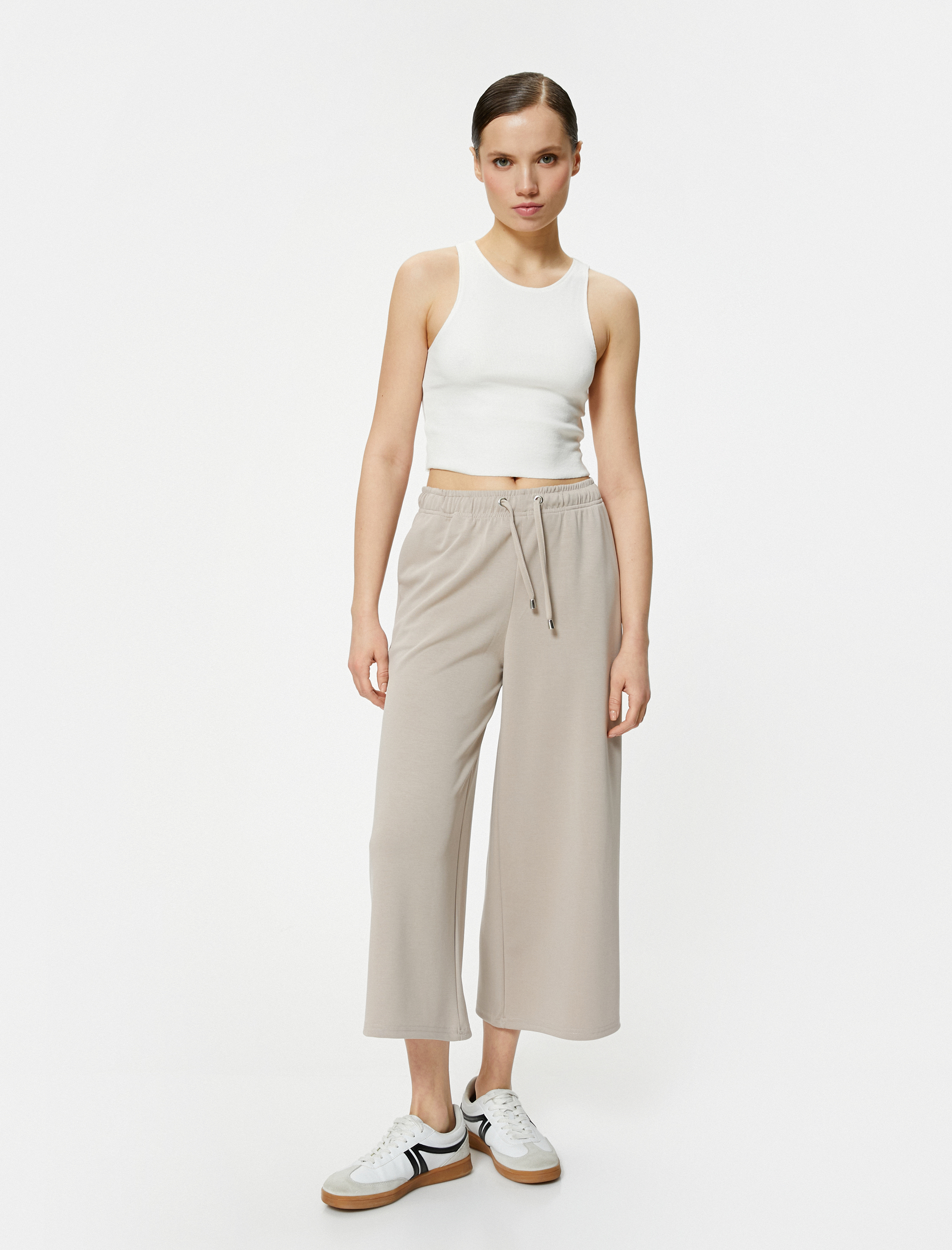   Culotte Pantolon Beli Bağcıklı Crop Bol Paça Cepli Modal Karışımlı