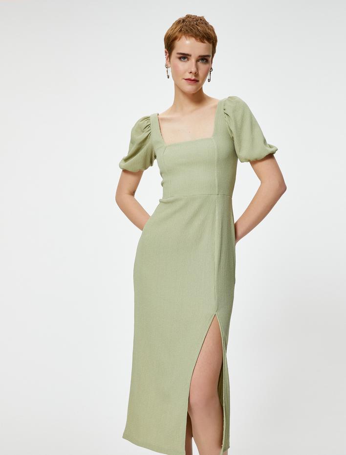  Balon Kol Elbise Midi Yırtmaç Detaylı Kısa Kollu Slim Fit Bürümcük