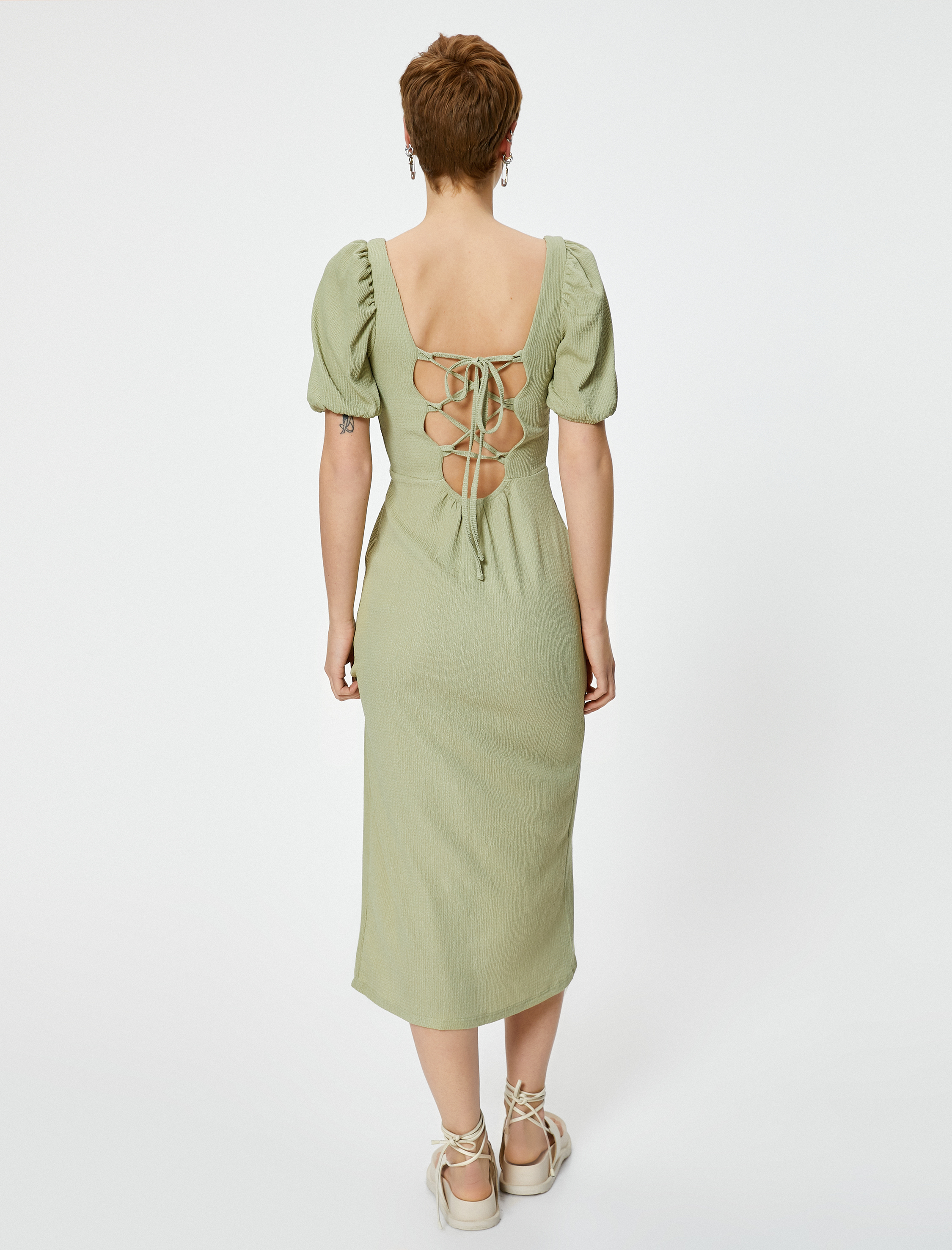 Balon Kol Elbise Midi Yırtmaç Detaylı Kısa Kollu Slim Fit Bürümcük