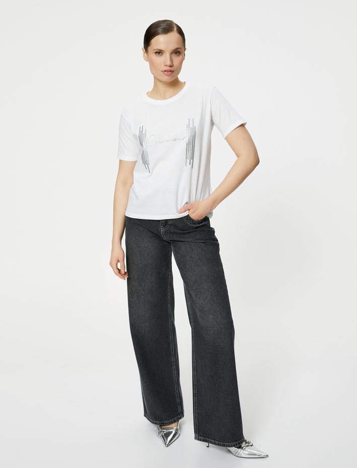  Slogan Baskılı Tişört Bisiklet Yaka Kısa Kollu Pamuklu Standart Kesim