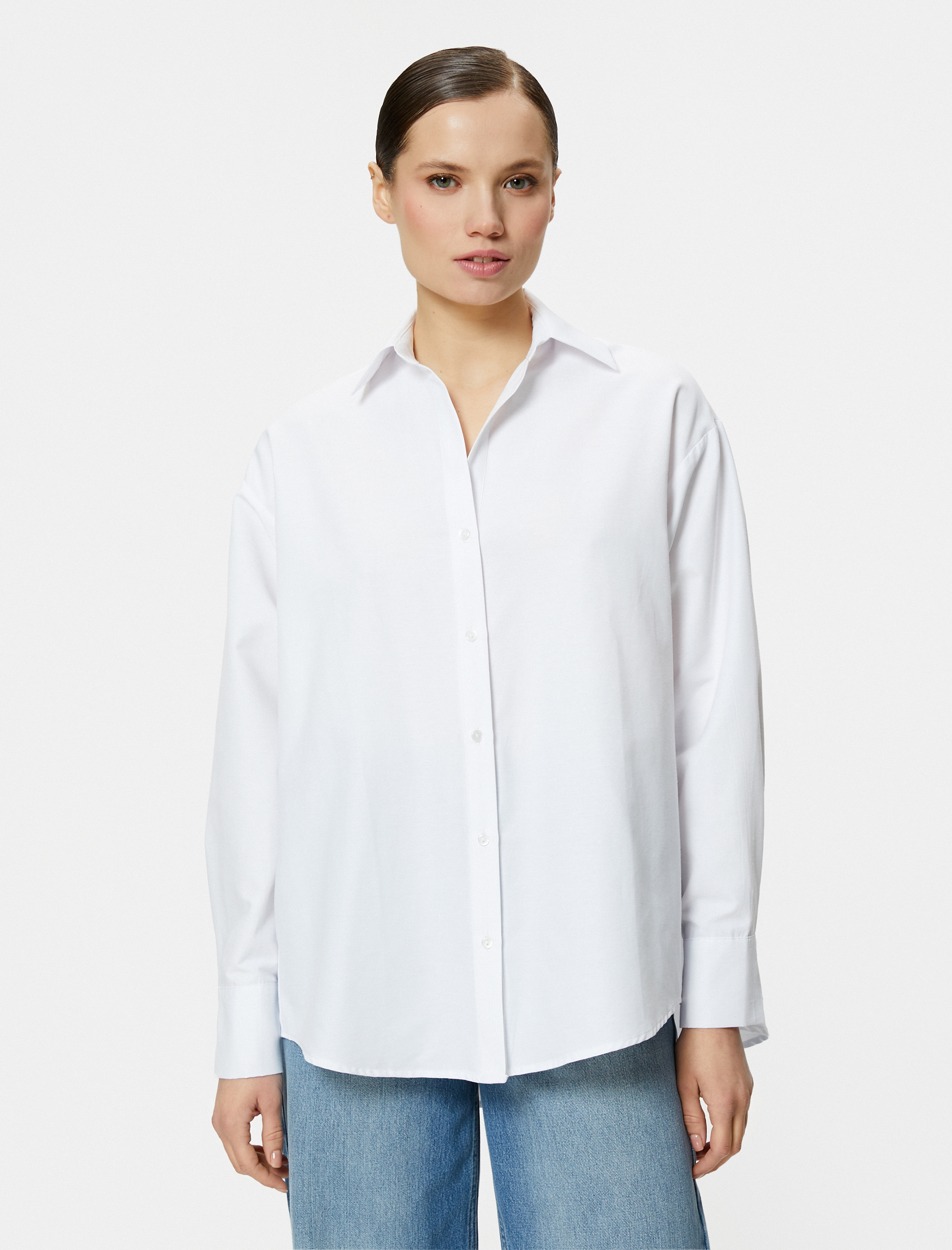   Oversize Poplin Gömlek Uzun Kollu Düğmeli Klasik Yaka