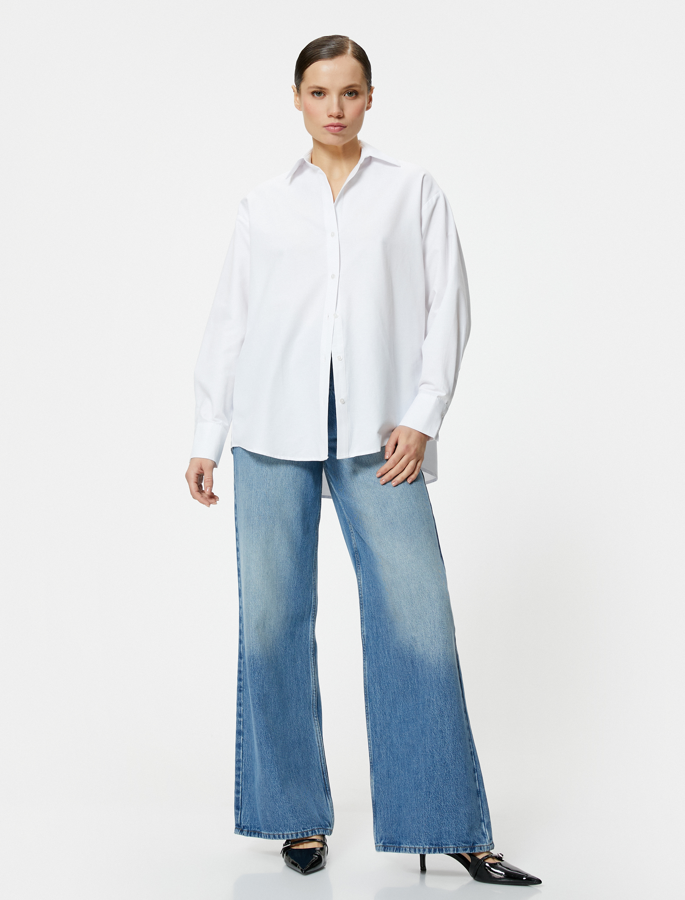   Oversize Poplin Gömlek Uzun Kollu Düğmeli Klasik Yaka