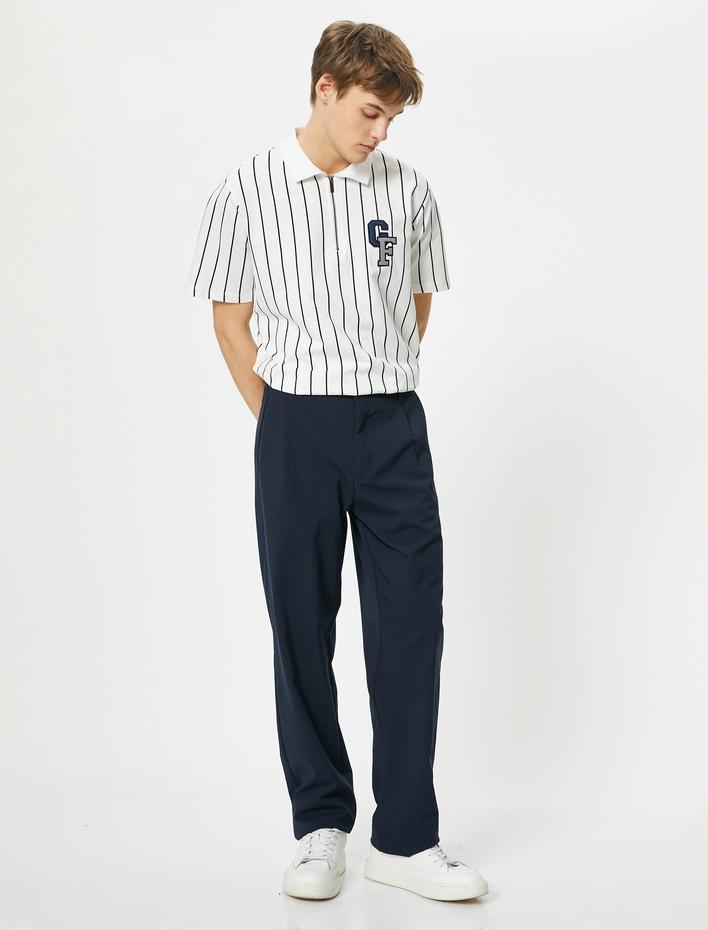  Yarım Fermuarlı Polo Tişört Kolej İşlemeli Kısa Kollu