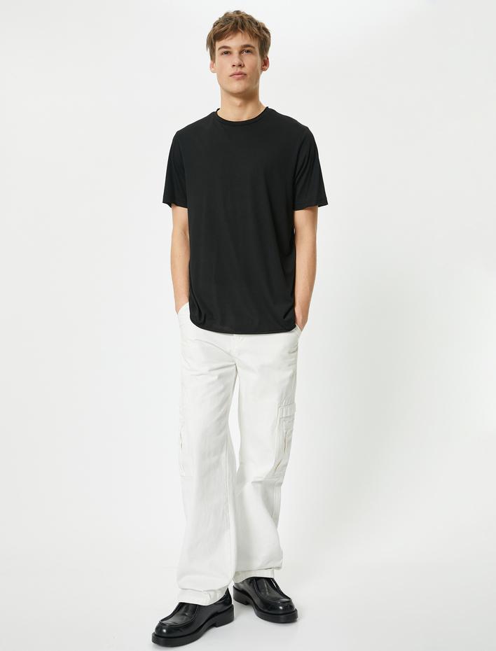  Basic Tişört Bisiklet Yaka Kısa Kollu Viskon Karışımlı