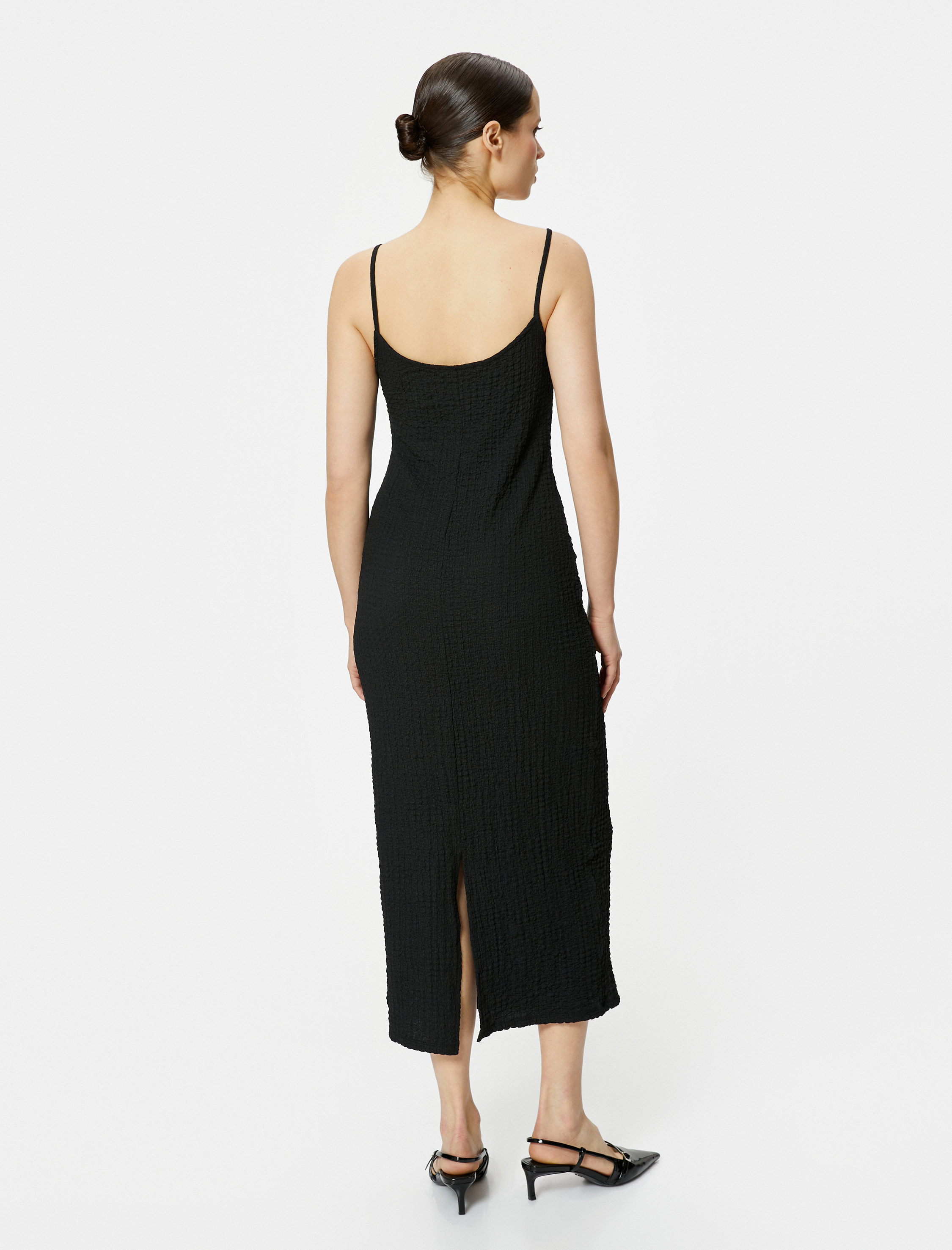   Askılı Midi Elbise Yuvarlak Yaka Bürümcük Kumaş