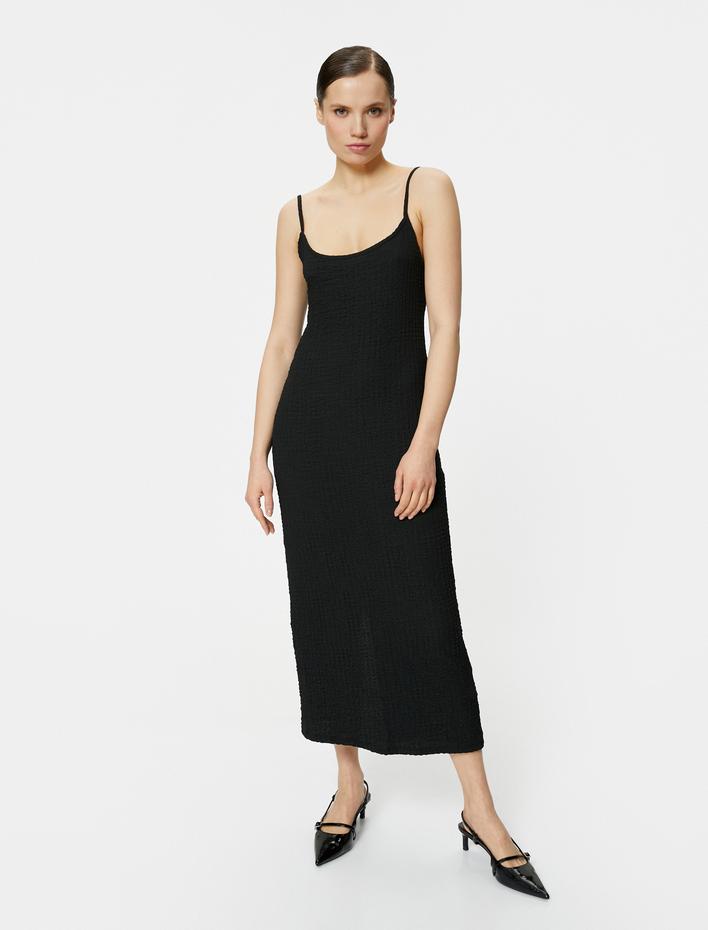  Askılı Midi Elbise Yuvarlak Yaka Bürümcük Kumaş