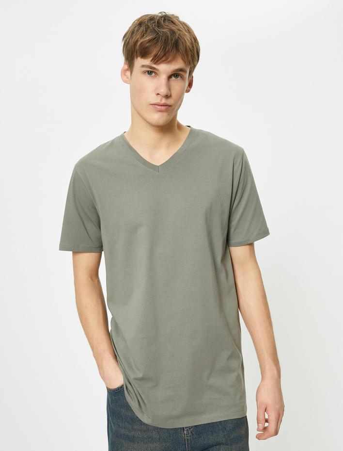  V Yaka Tişört Slim Fit Kısa Kollu Pamuklu