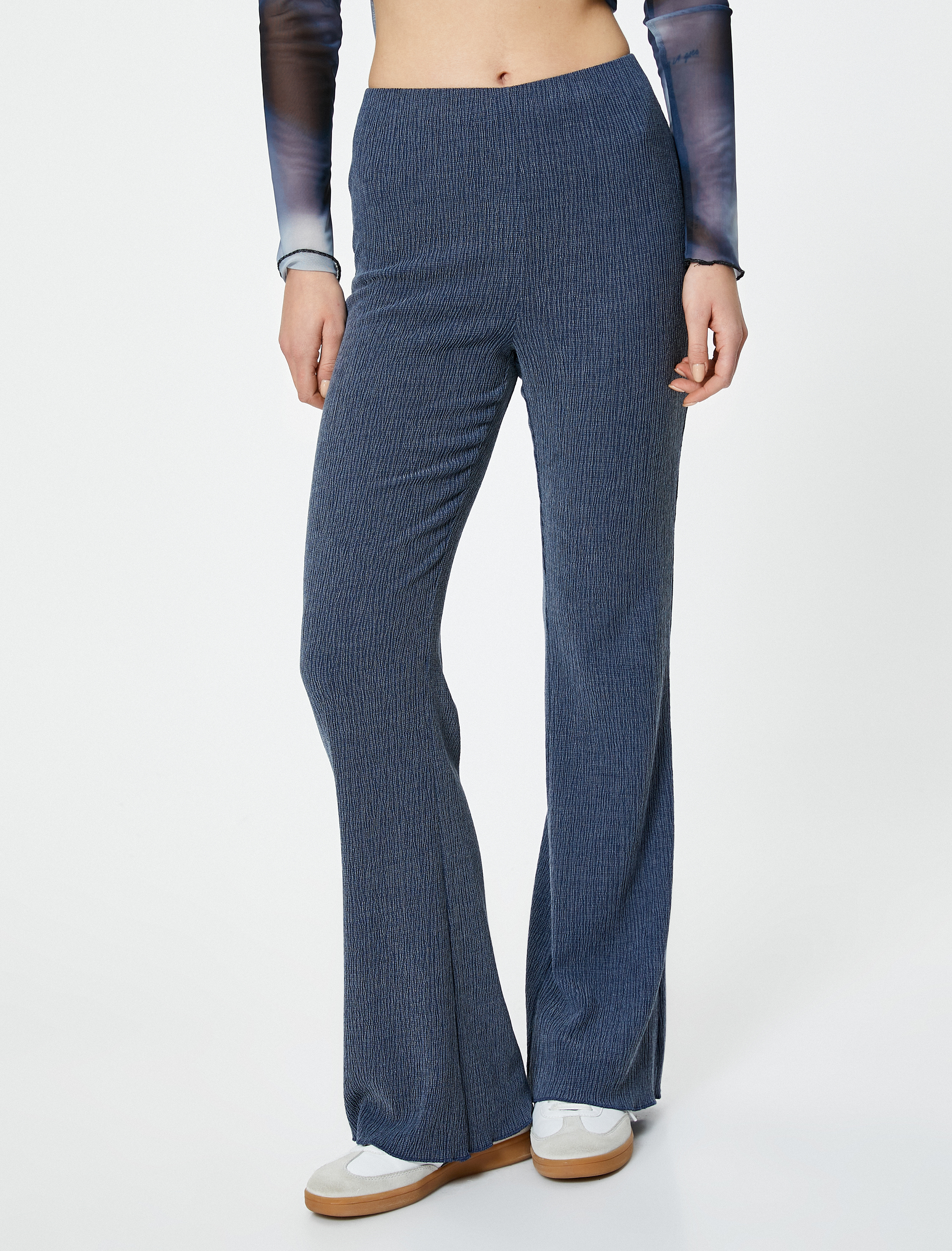   İspanyol Paça Pantolon Yüksek Bel Dokulu Skinny Bürümcük