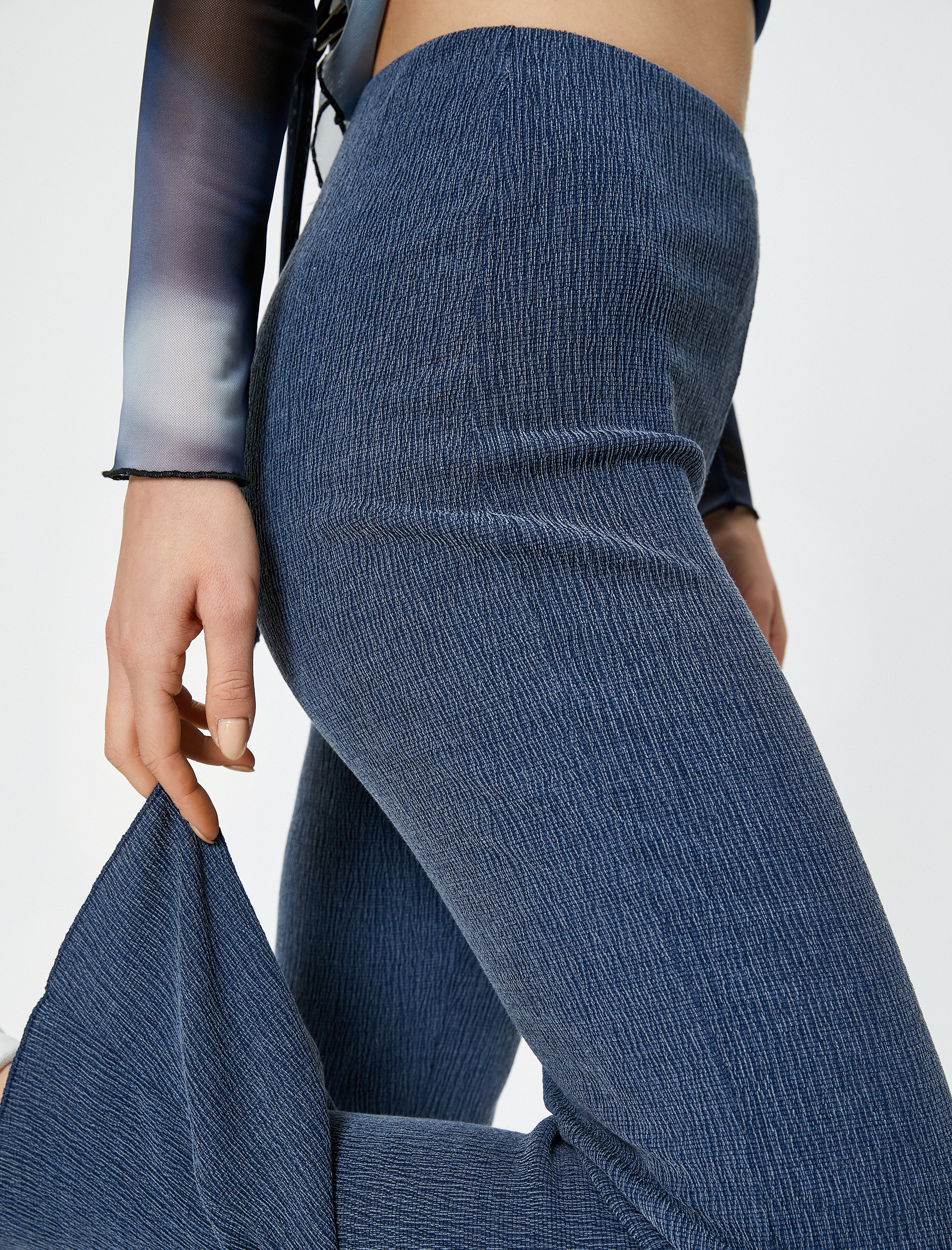   İspanyol Paça Pantolon Yüksek Bel Dokulu Skinny Bürümcük