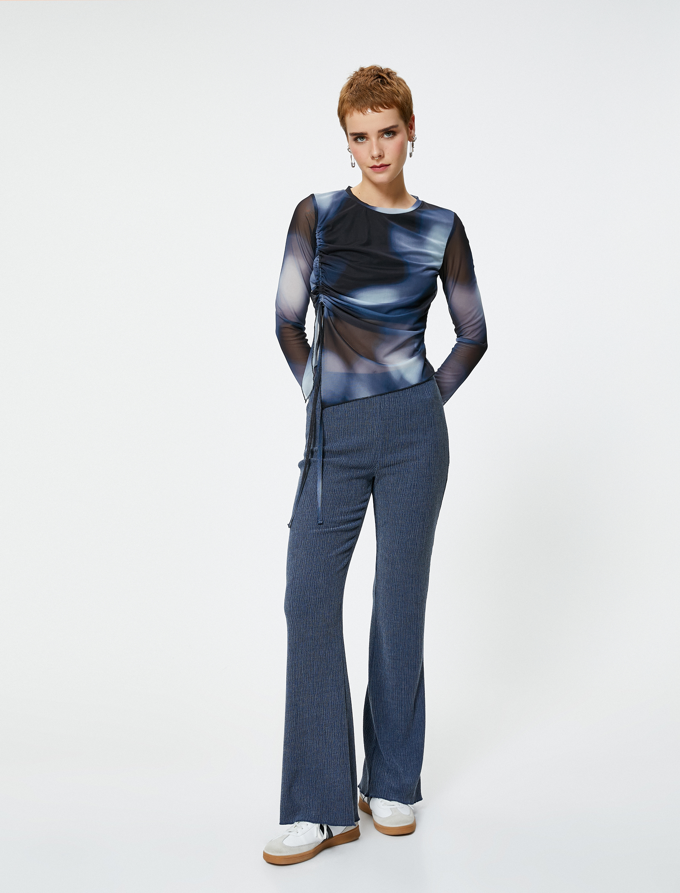   İspanyol Paça Pantolon Yüksek Bel Dokulu Skinny Bürümcük