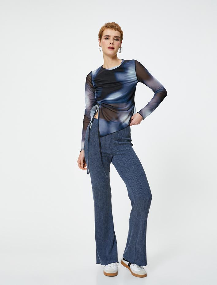  İspanyol Paça Pantolon Yüksek Bel Dokulu Skinny Bürümcük